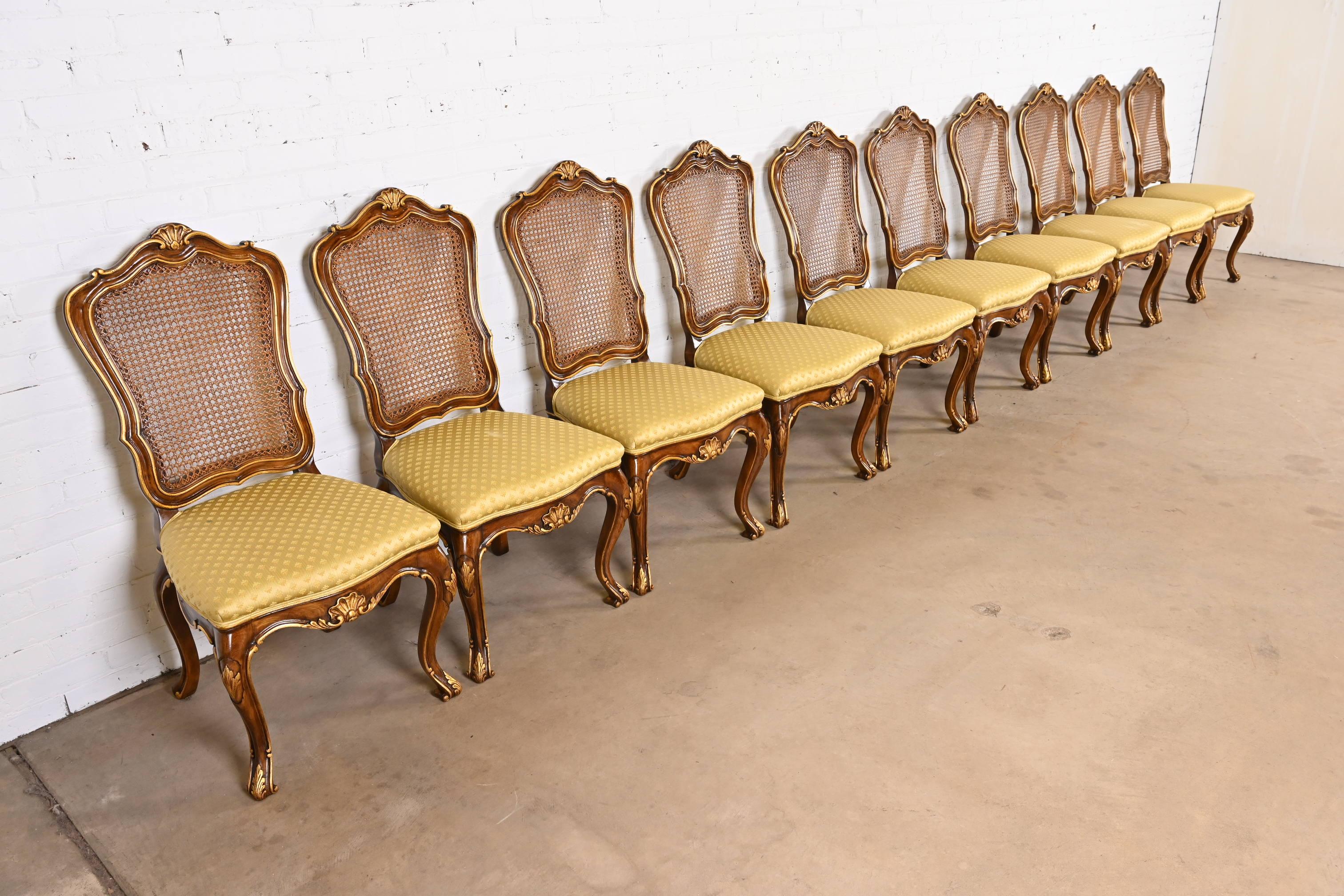 Karges French Louis XV Walnut and Gold Gilt Cane Back Dining Chairs, Set of Ten 1