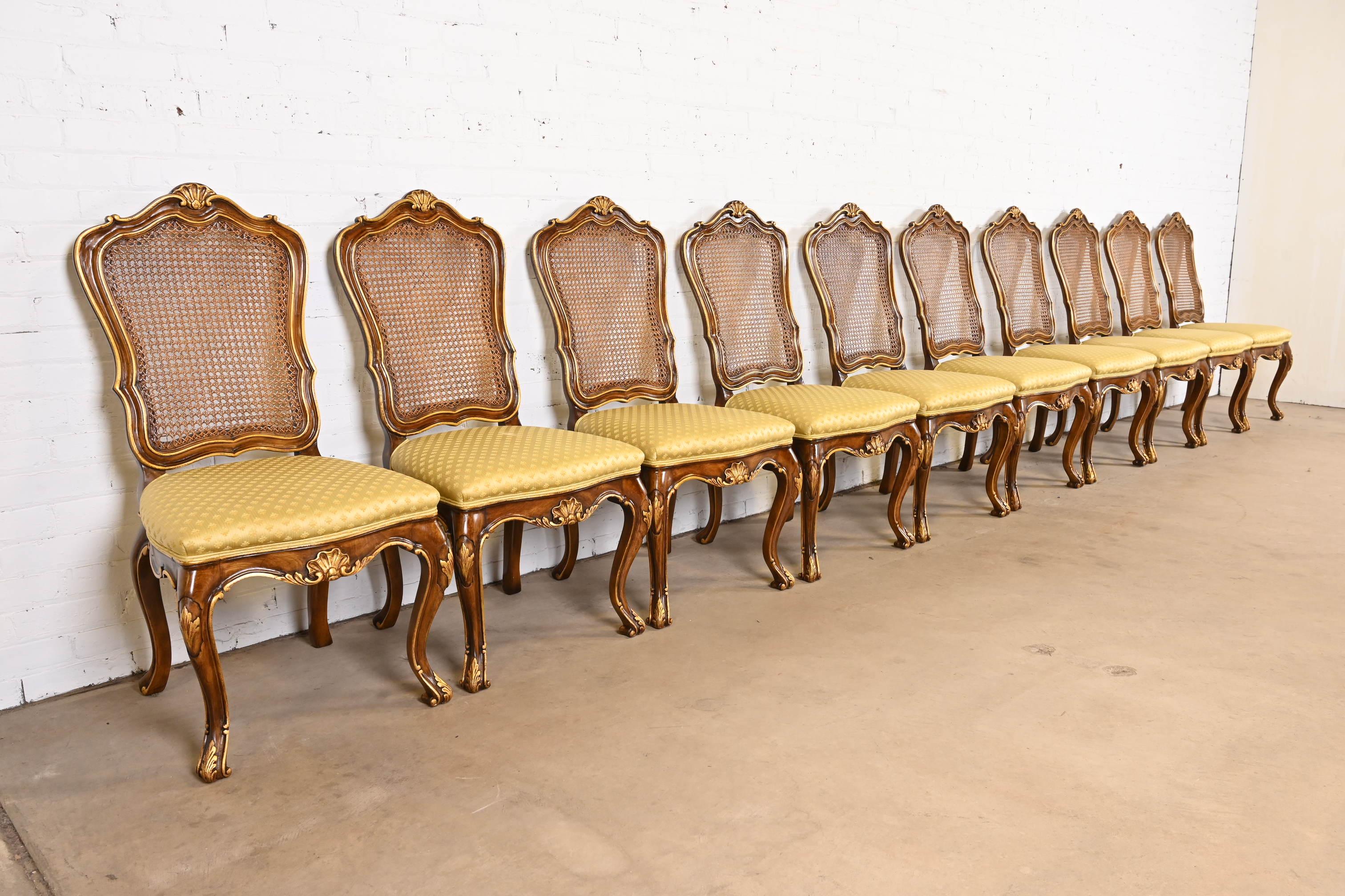 Karges French Louis XV Walnut and Gold Gilt Cane Back Dining Chairs, Set of Ten 2