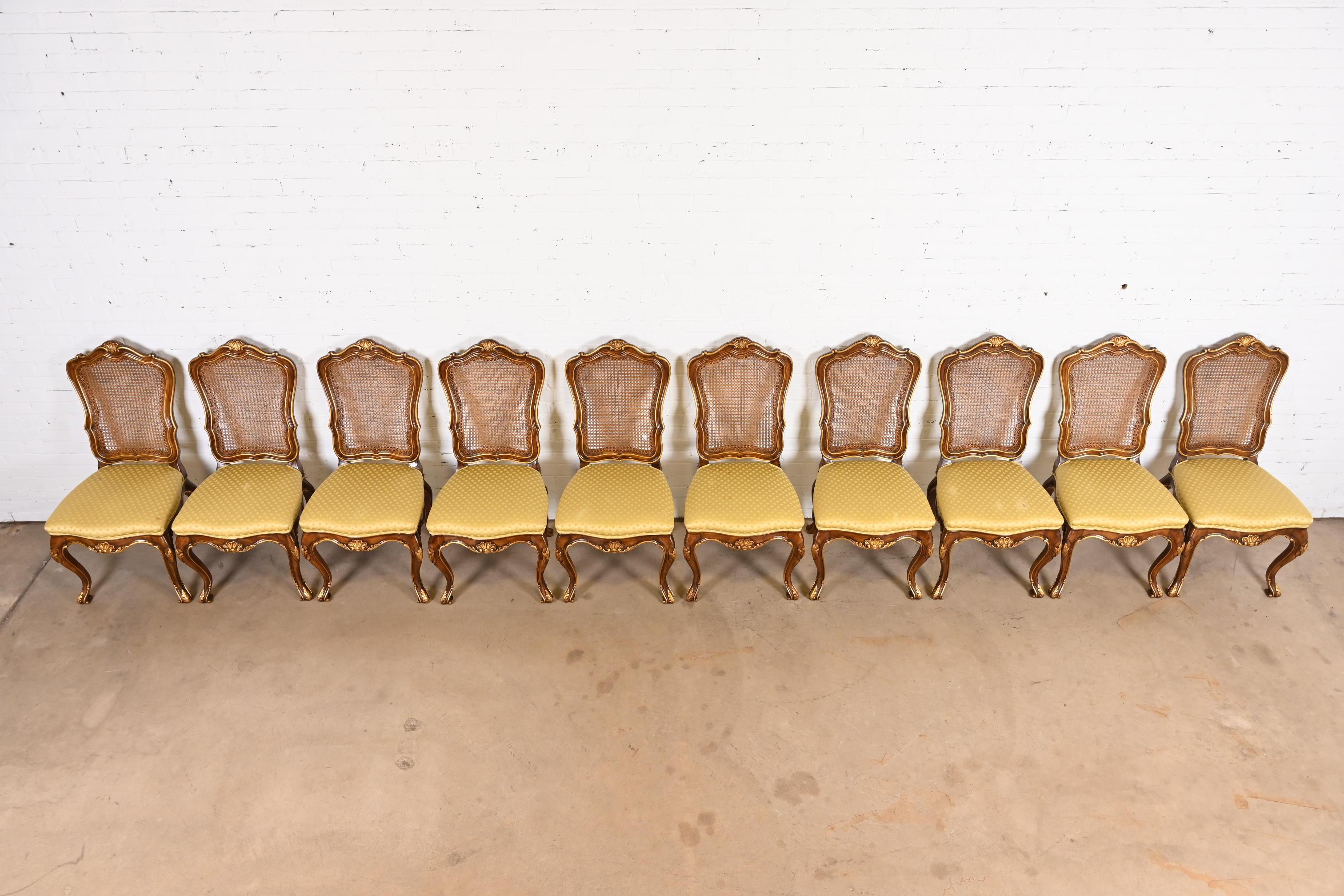 Karges French Louis XV Walnut and Gold Gilt Cane Back Dining Chairs, Set of Ten 3