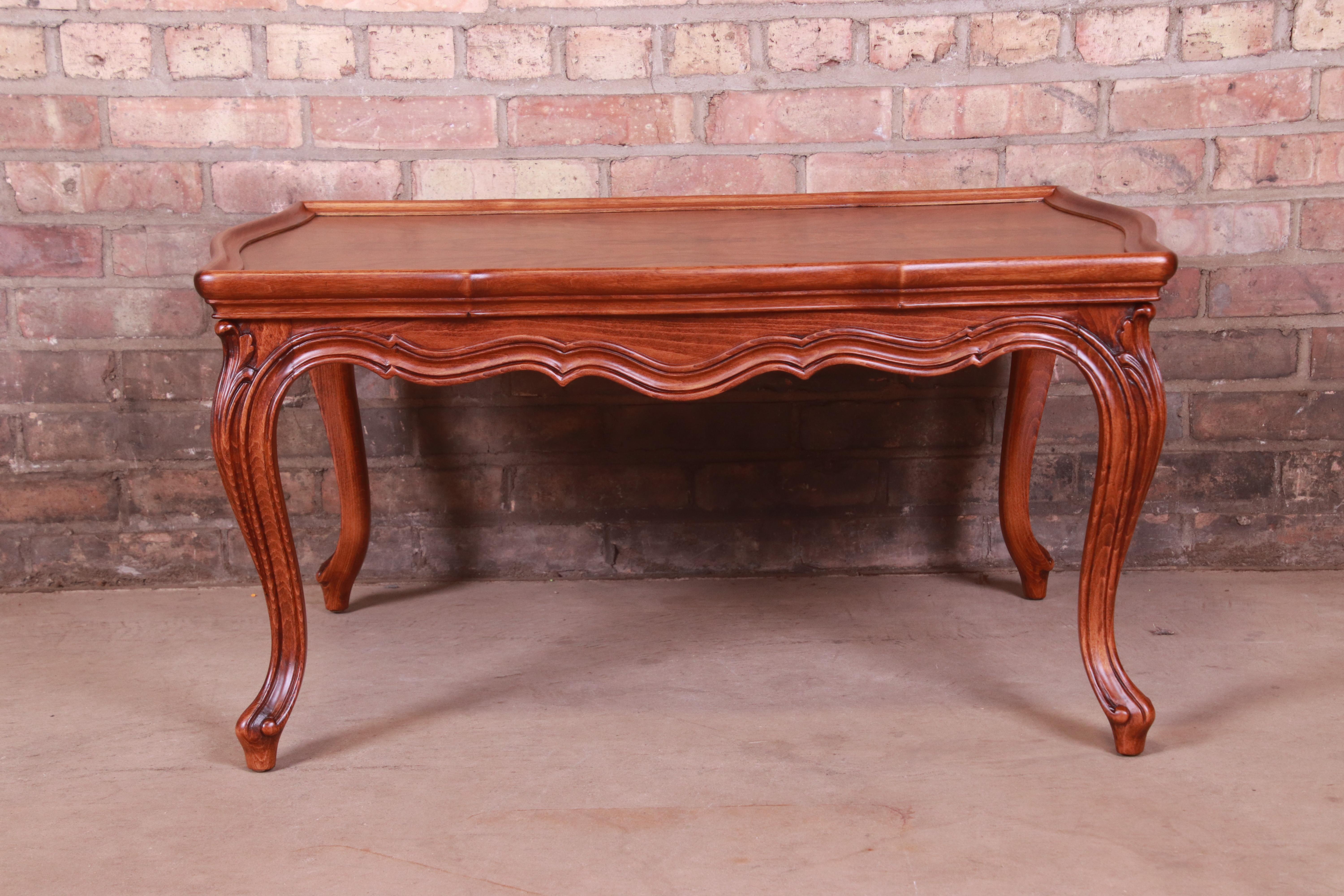 Karges French Provincial Louis XV Burled Walnut Coffee Table, Newly Refinished For Sale 3