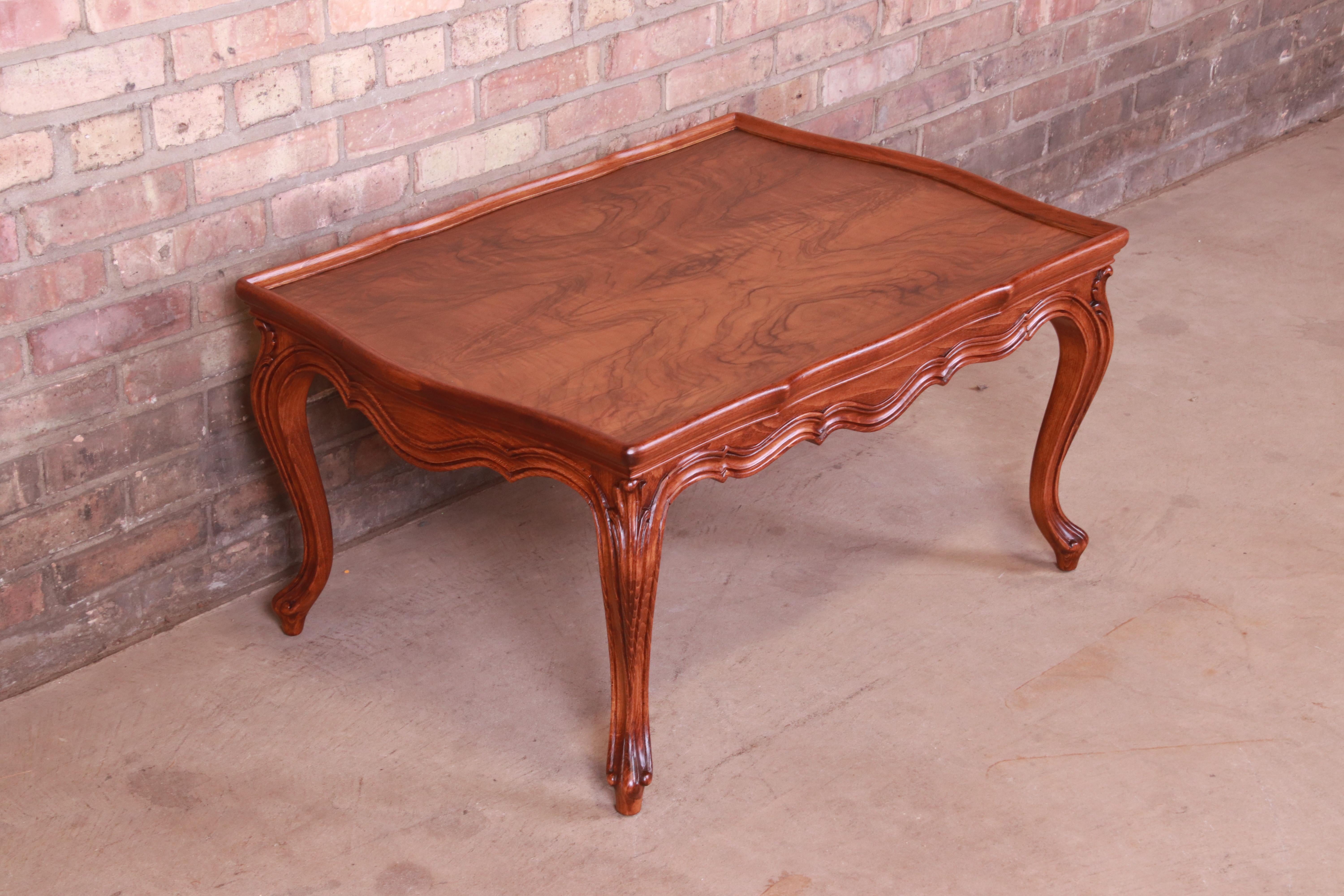 American Karges French Provincial Louis XV Burled Walnut Coffee Table, Newly Refinished For Sale
