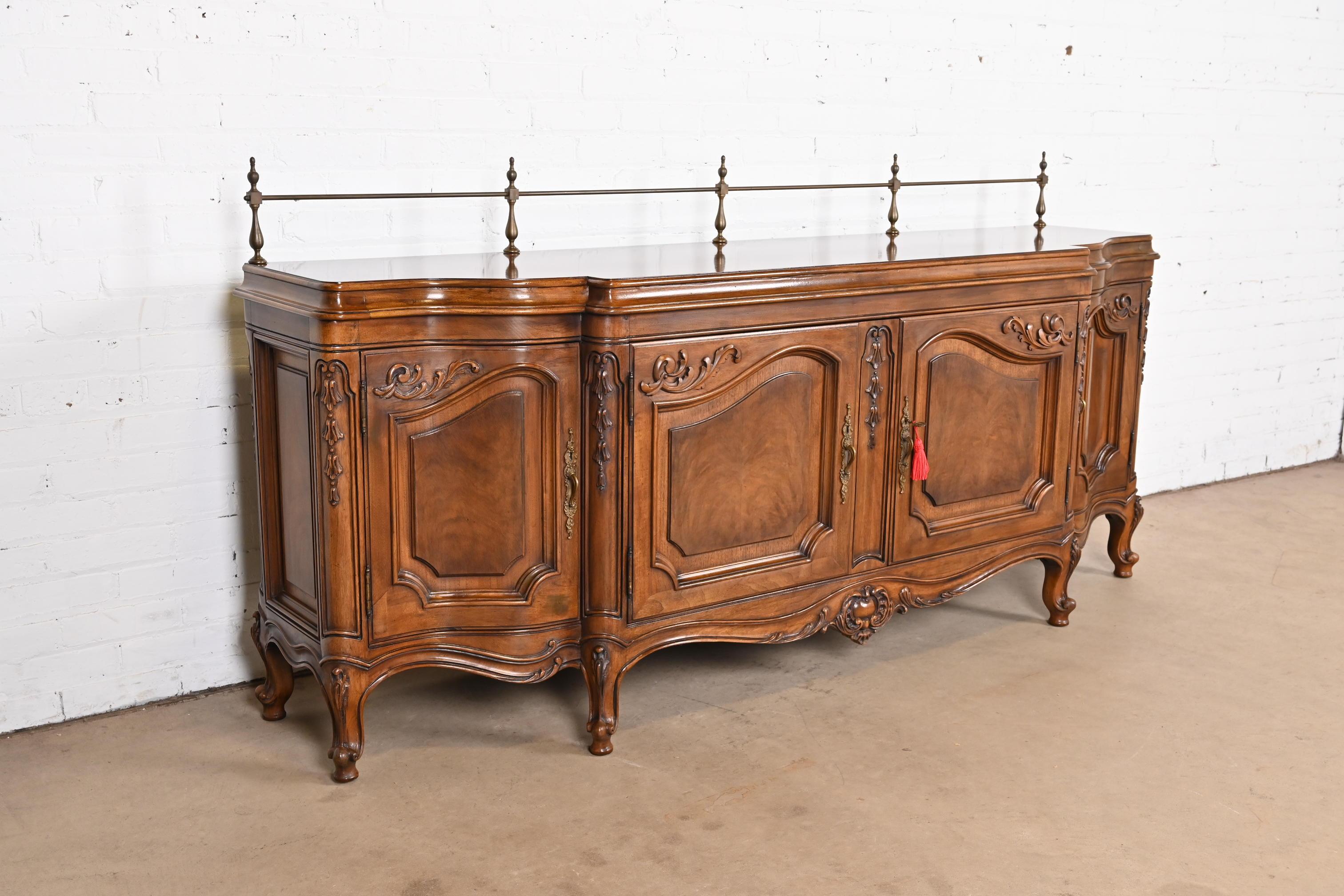 Brass Karges French Provincial Louis XV Carved Burled Walnut Sideboard or Bar Cabinet For Sale