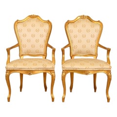 Karges French Provincial Louis XV Carved Walnut and Gold Gilt Armchairs
