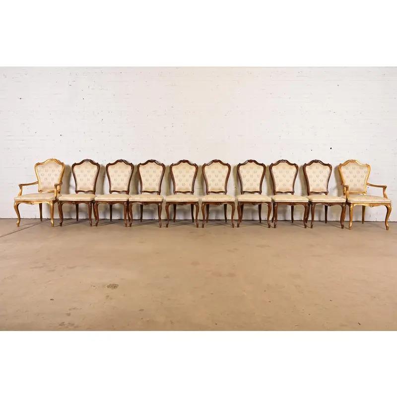 American Karges French Provincial Louis XV Carved Walnut Dining Chairs, Set of Ten For Sale