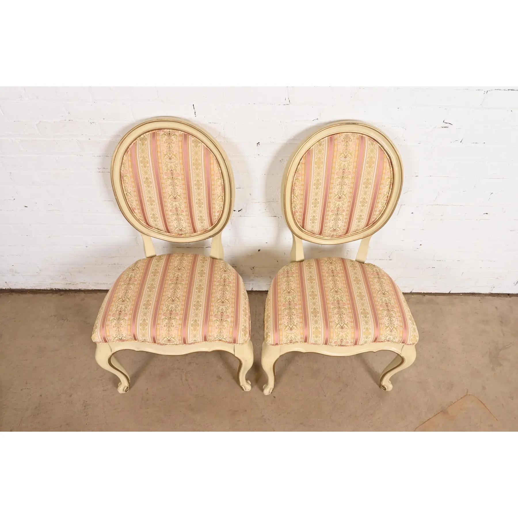Upholstery Karges French Provincial Louis XV Cream Lacquered and Gold Gilt Dining Chairs For Sale