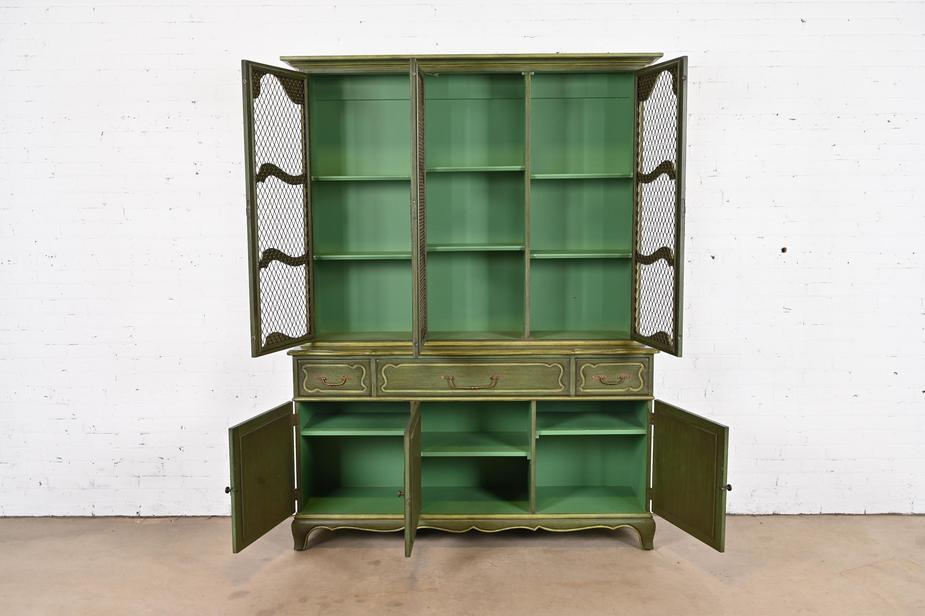 Karges French Provincial Louis XV Green Lacquered Breakfront Bookcase Cabinet 5