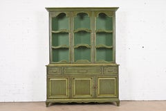 Karges French Provincial Louis XV Green Lacquered Breakfront Bookcase Cabinet