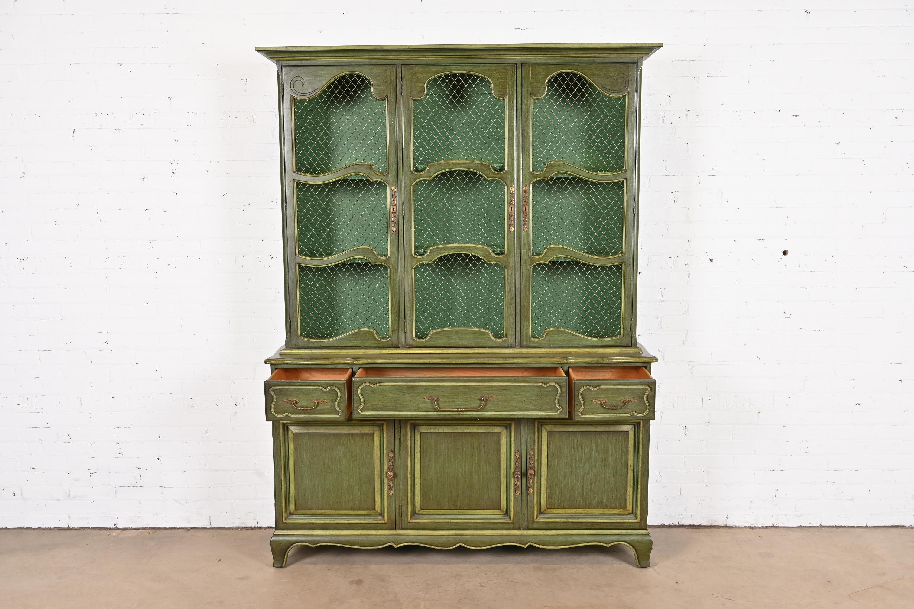 American Karges French Provincial Louis XV Green Lacquered Breakfront Bookcase Cabinet