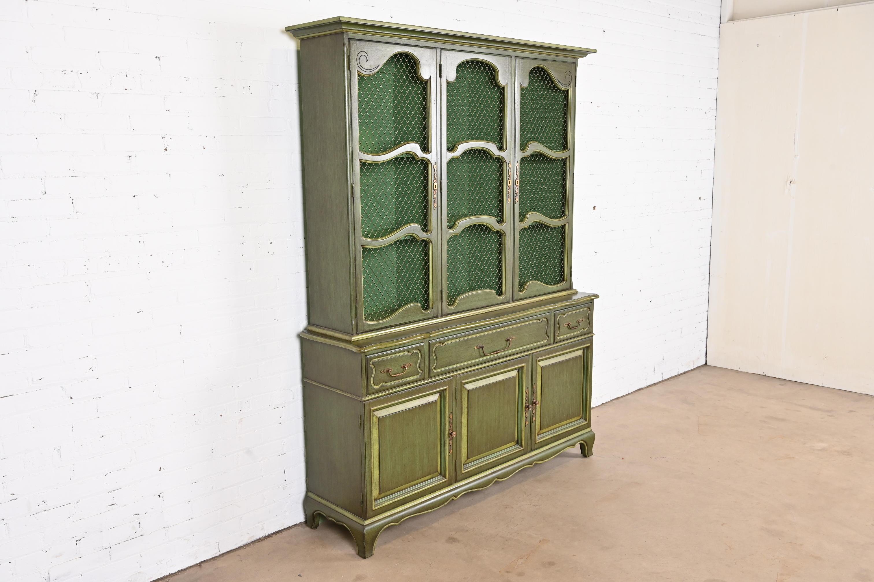 Mid-20th Century Karges French Provincial Louis XV Green Lacquered Breakfront Bookcase Cabinet