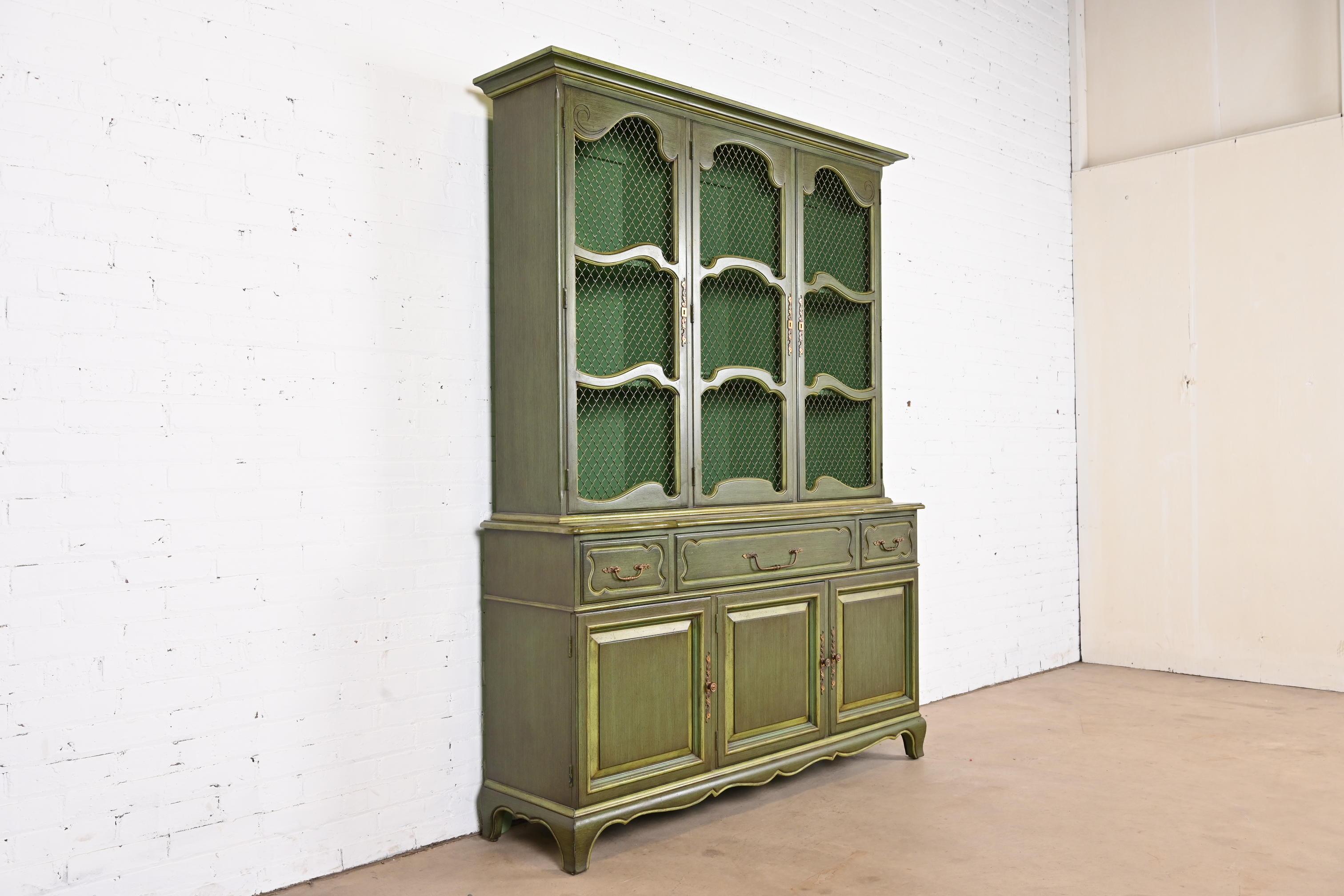 Brass Karges French Provincial Louis XV Green Lacquered Breakfront Bookcase Cabinet