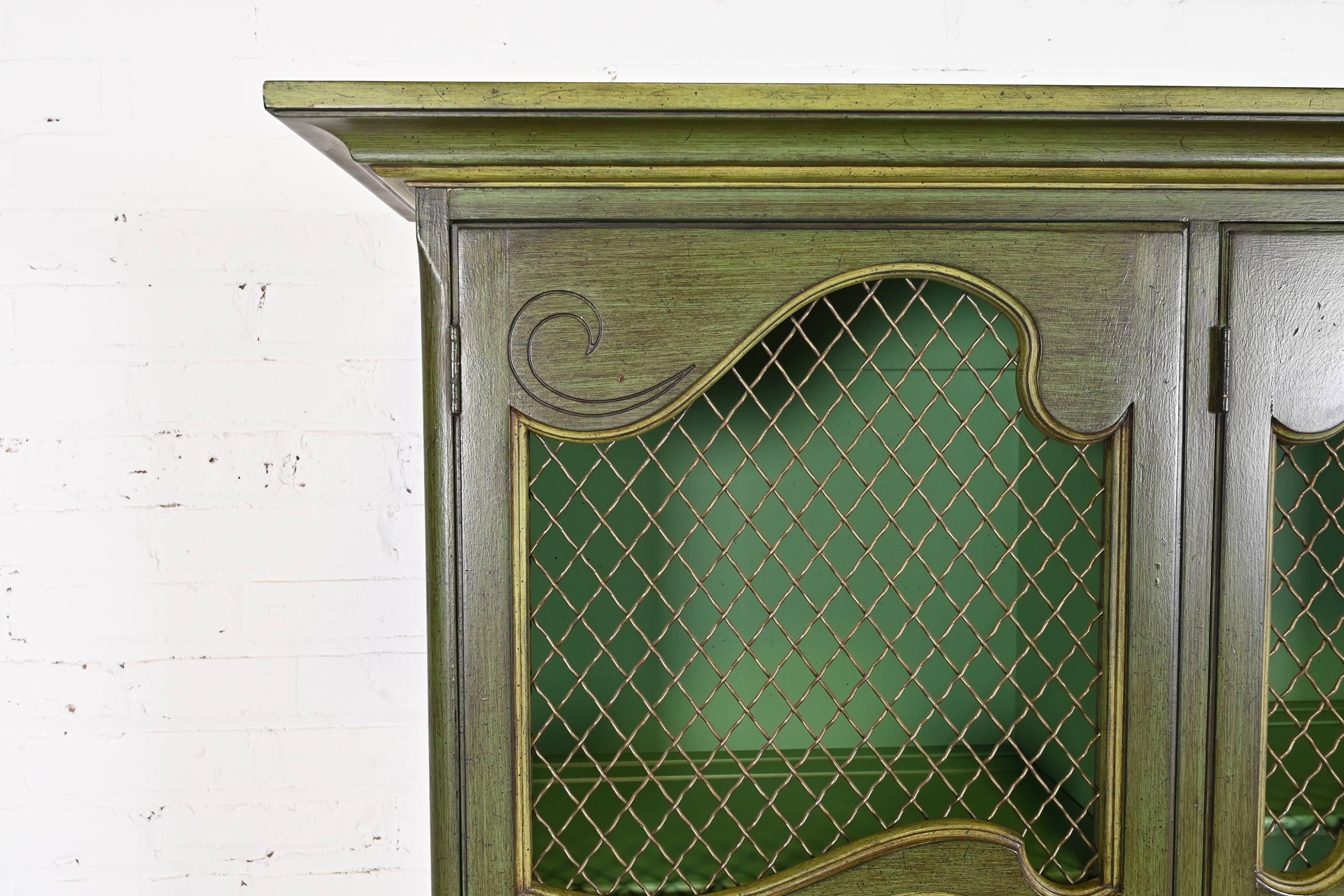 Karges French Provincial Louis XV Green Lacquered Breakfront Bookcase Cabinet 1