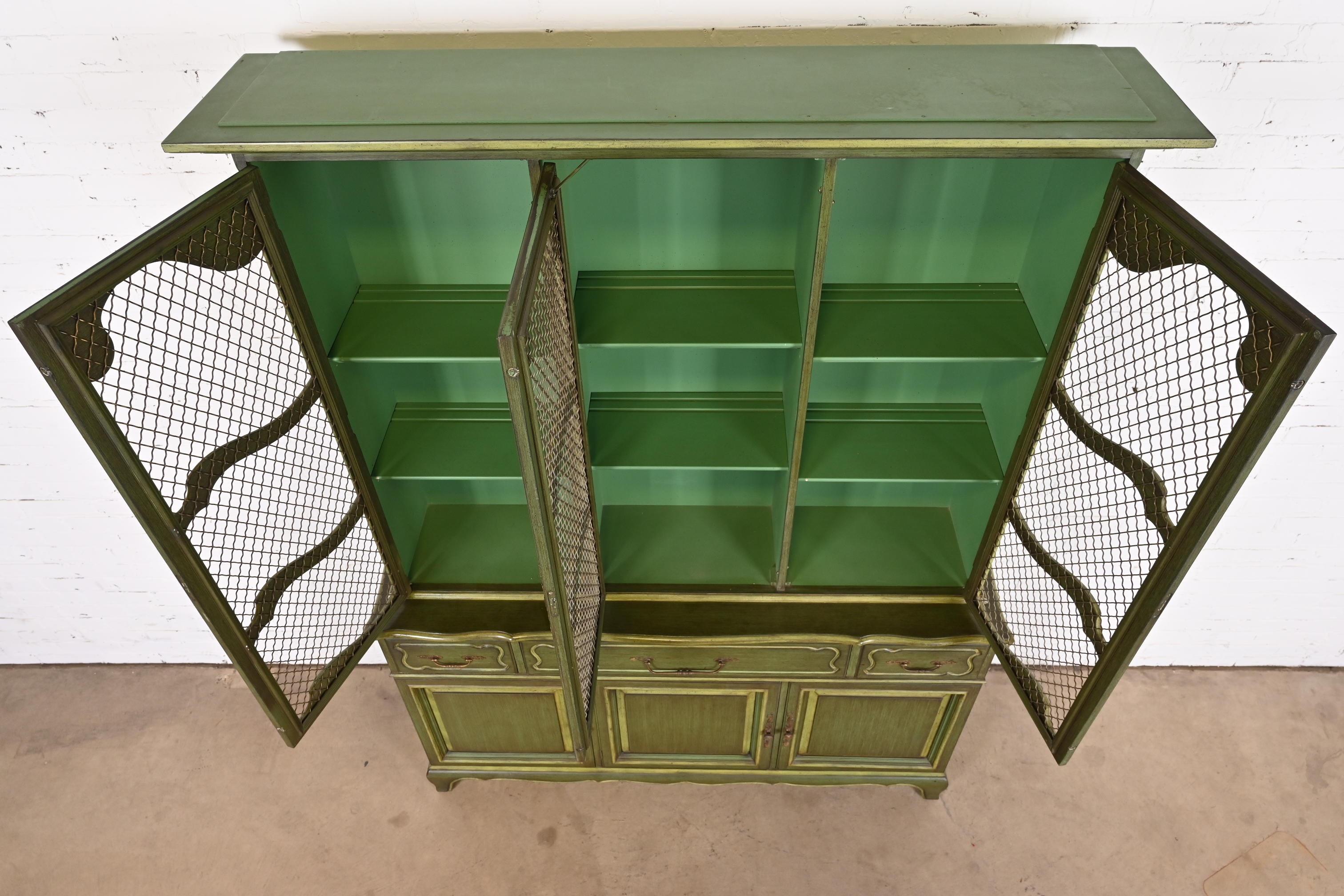 Karges French Provincial Louis XV Green Lacquered Breakfront Bookcase Cabinet 2