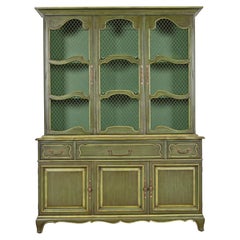 Karges French Provincial Louis XV Green Lacquered Breakfront Bookcase Cabinet