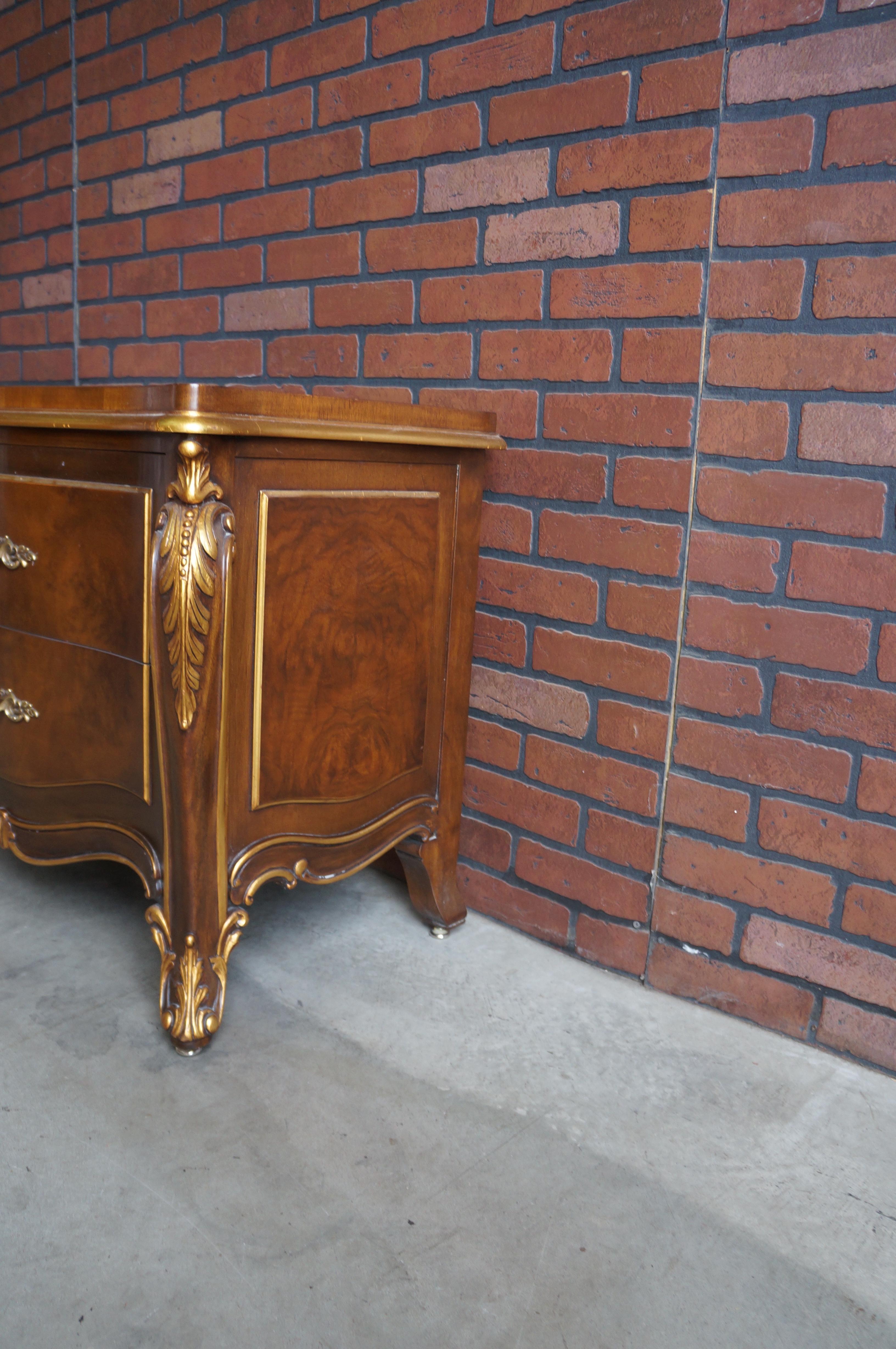 French Provincial styling is exhibited with this nightstand by Karges. The curvaceous silhouette is sexy and romantic. Carved details down the sides and the sweet hardware give this nightstand its French attitude. Gold accents are the perfect
