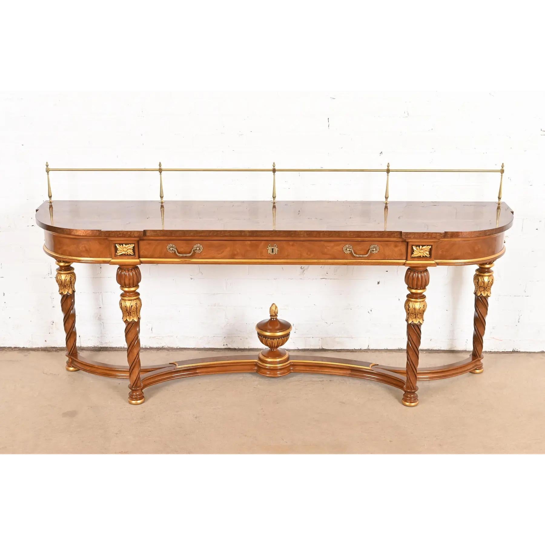 A gorgeous French Regency Louis XVI style console table, entry table, sideboard, or buffet server

By Karges Furniture

USA, Circa 1980s

Beautiful carved burled walnut, with faux tortoise shell top, gold gilt accents, and original brass hardware