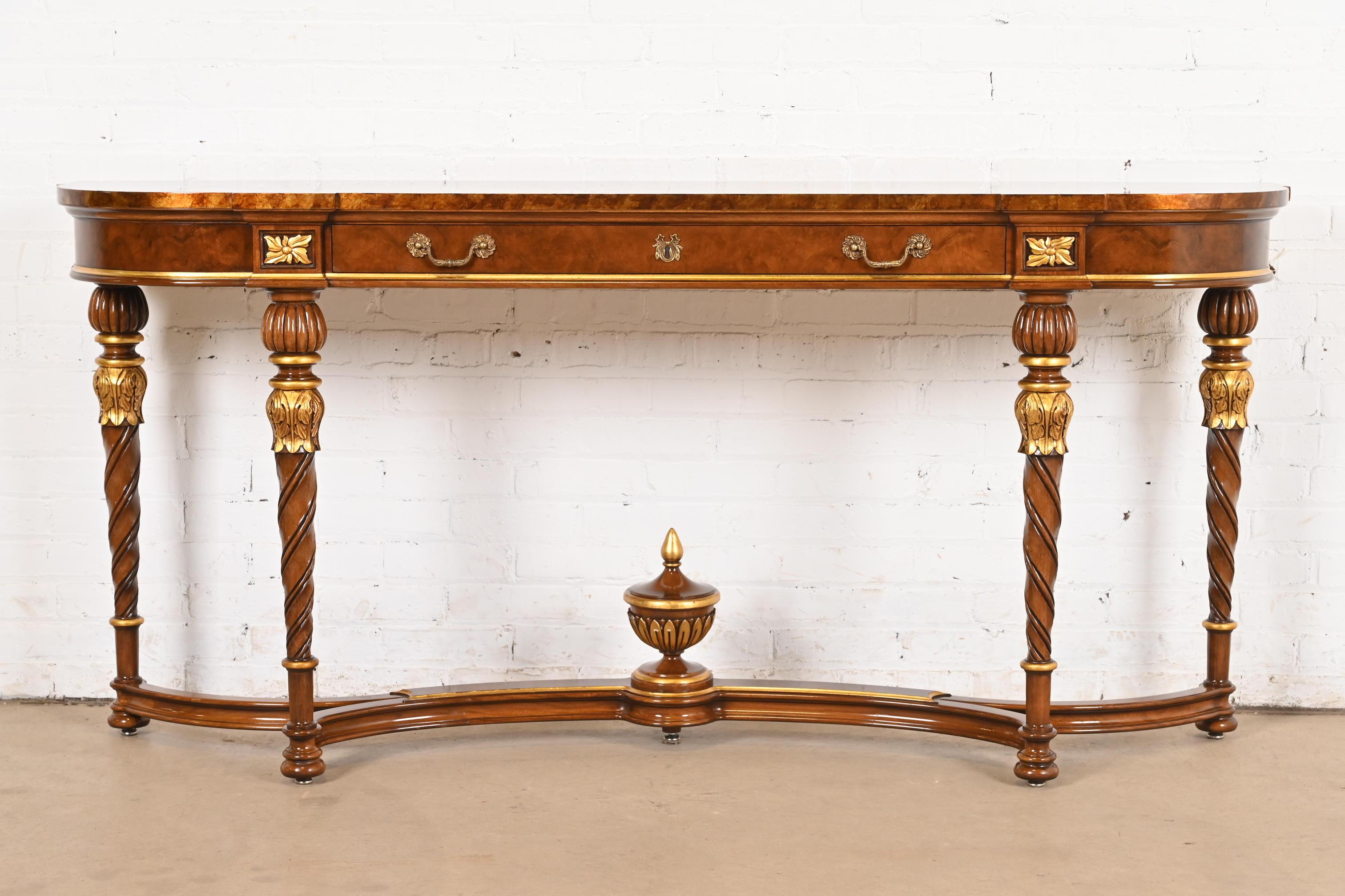 American Karges French Regency Louis XVI Burled Walnut and Gold Gilt Console Table For Sale