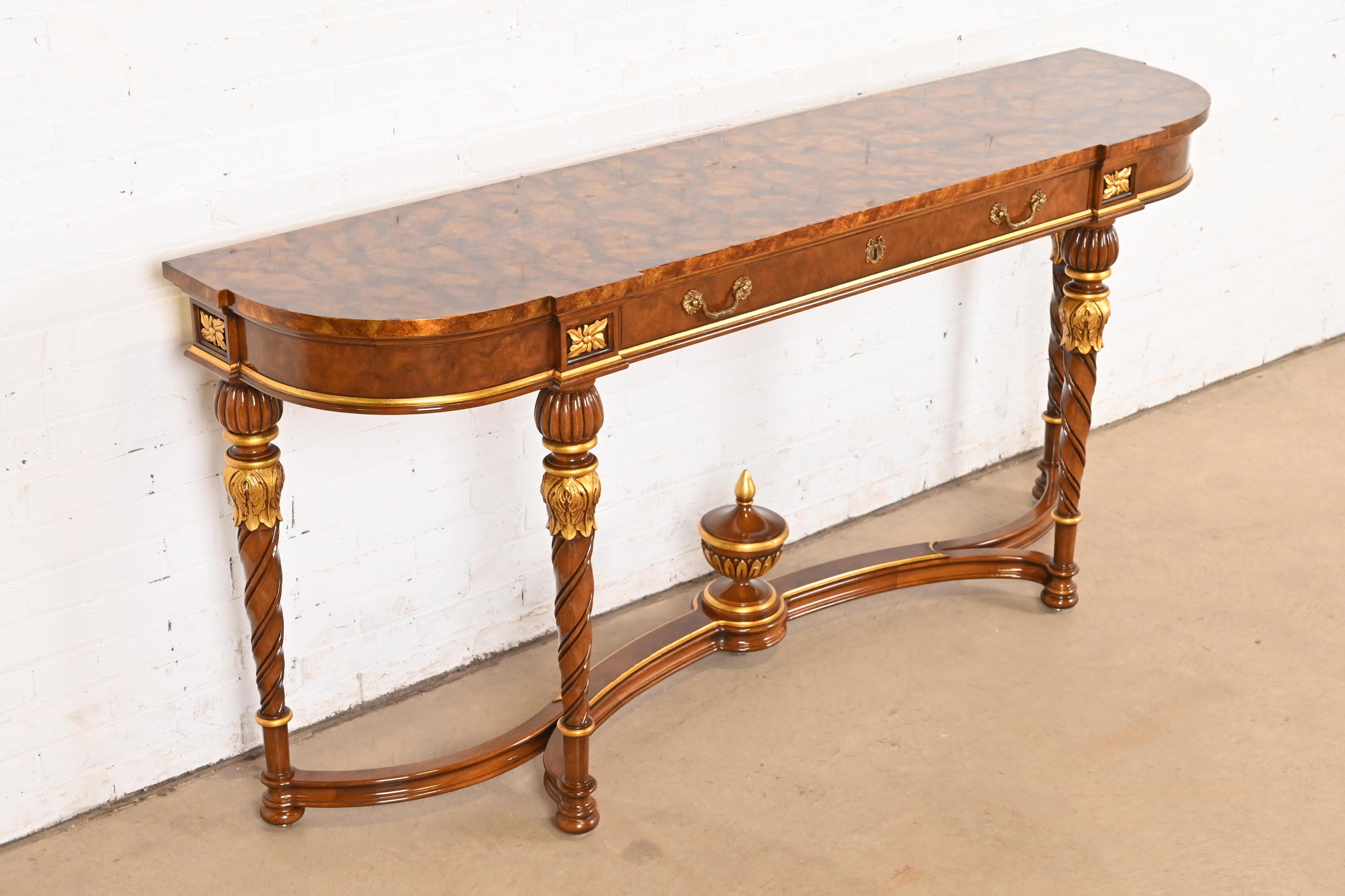 Late 20th Century Karges French Regency Louis XVI Burled Walnut and Gold Gilt Console Table For Sale