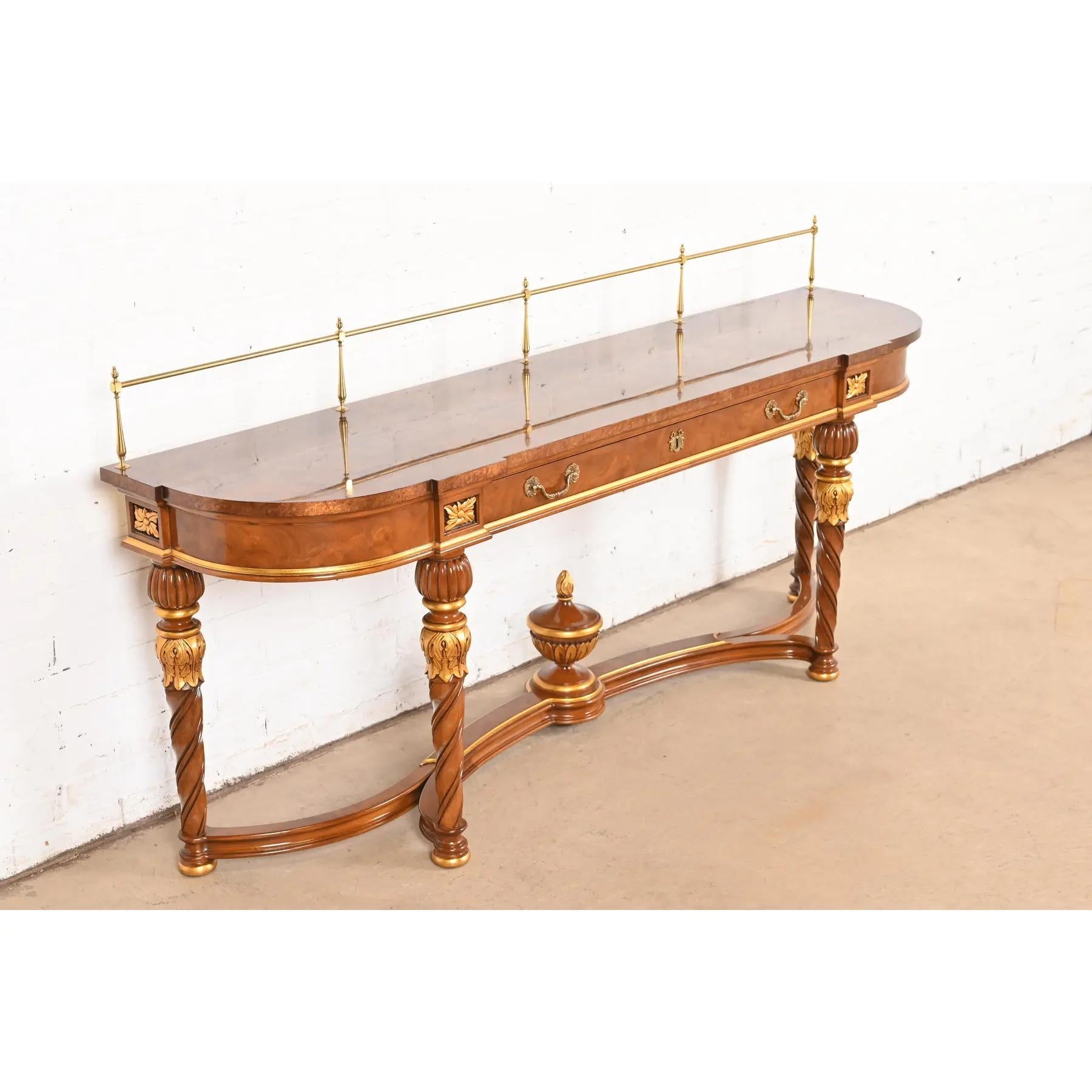 Late 20th Century Karges French Regency Louis XVI Burled Walnut and Gold Gilt Console Table For Sale