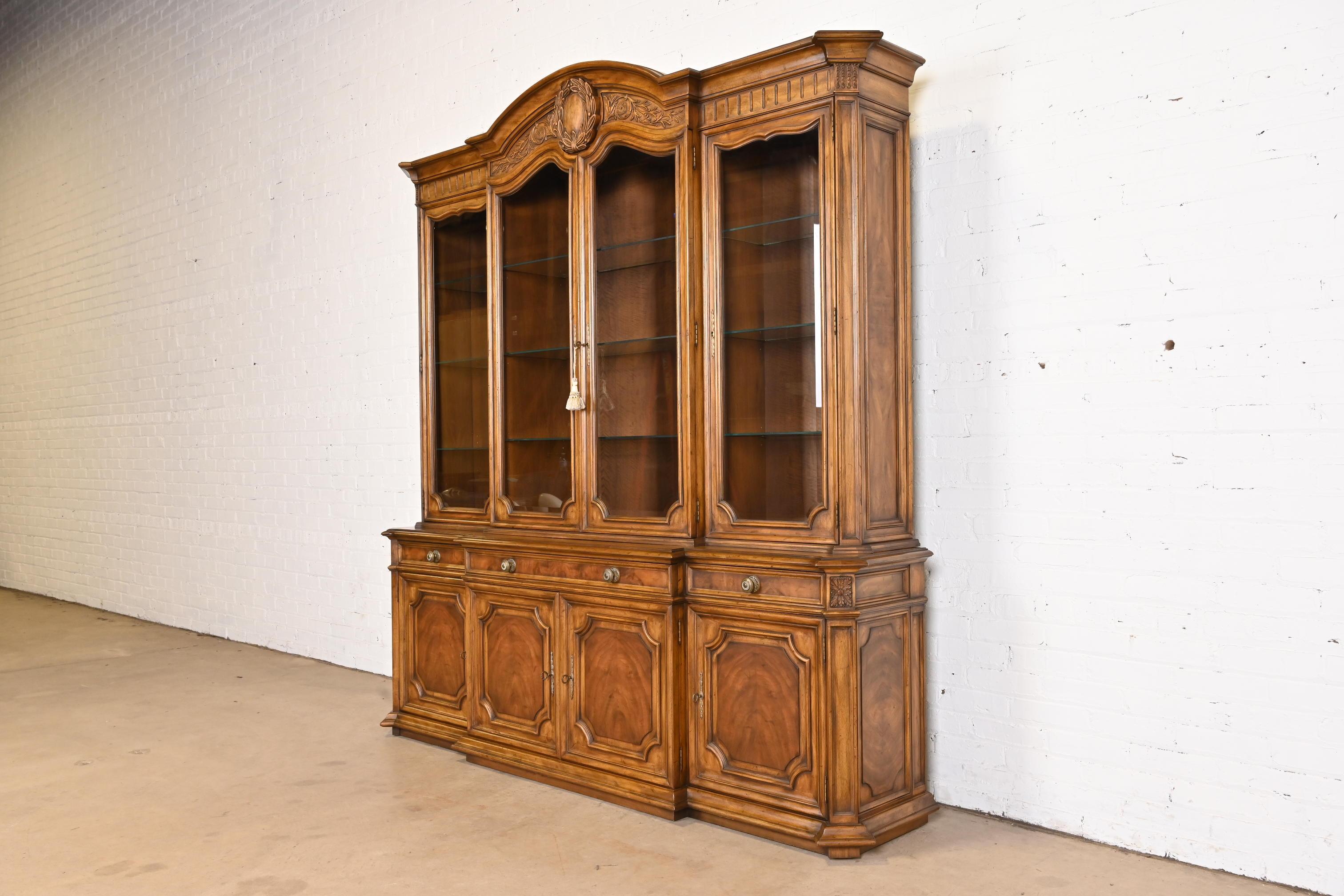 American Karges French Regency Louis XVI Burled Walnut Breakfront Bookcase Cabinet, 1960s