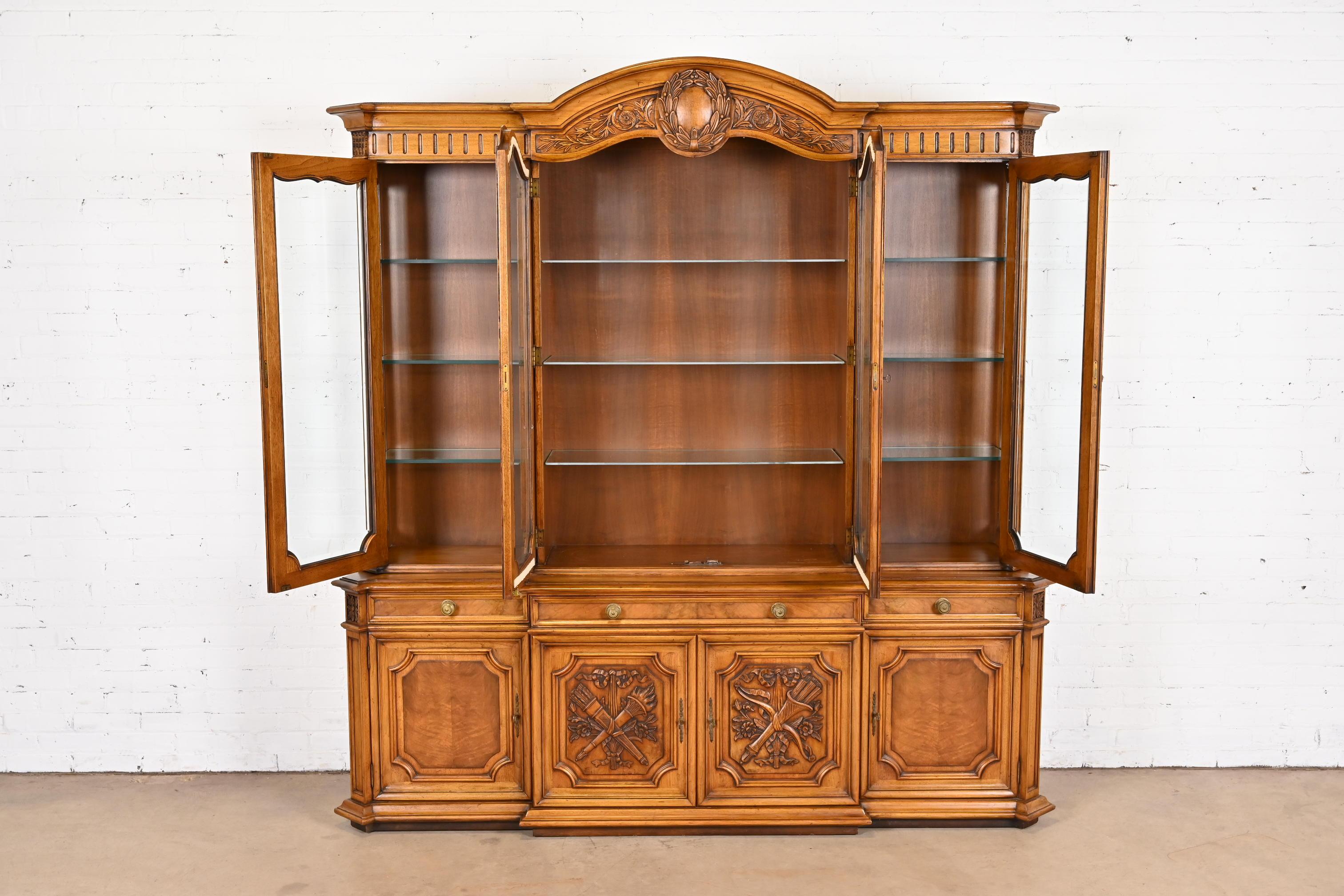 Mid-20th Century Karges French Regency Louis XVI Burled Walnut Breakfront Bookcase Cabinet, 1960s For Sale