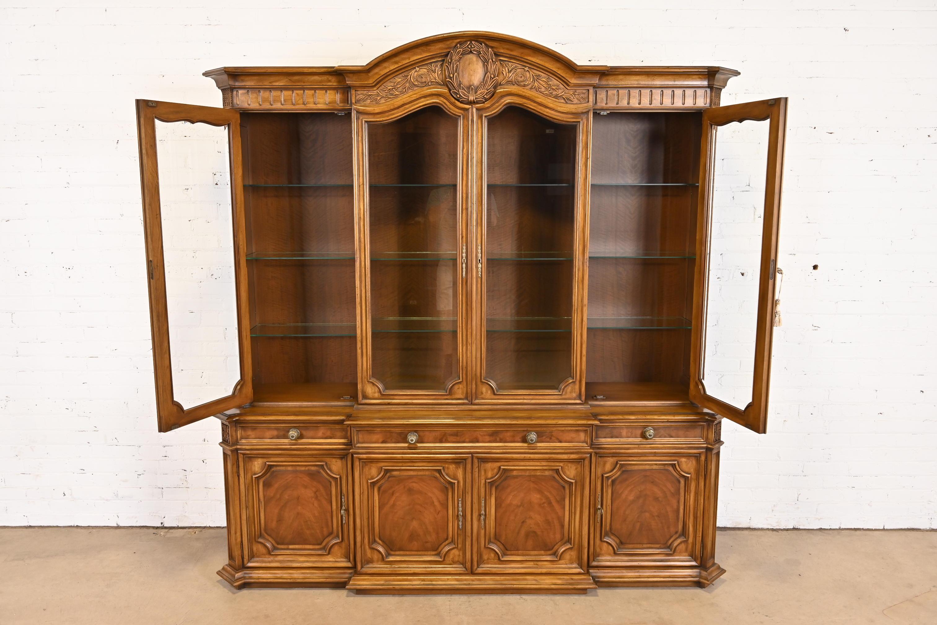 Brass Karges French Regency Louis XVI Burled Walnut Breakfront Bookcase Cabinet, 1960s