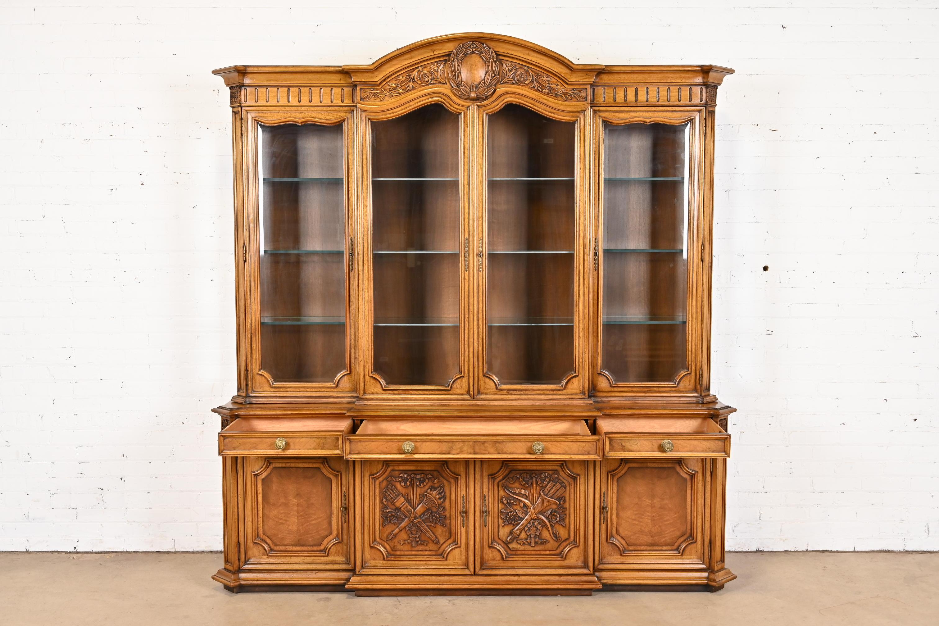Karges French Regency Louis XVI Burled Walnut Breakfront Bookcase Cabinet, 1960s For Sale 1
