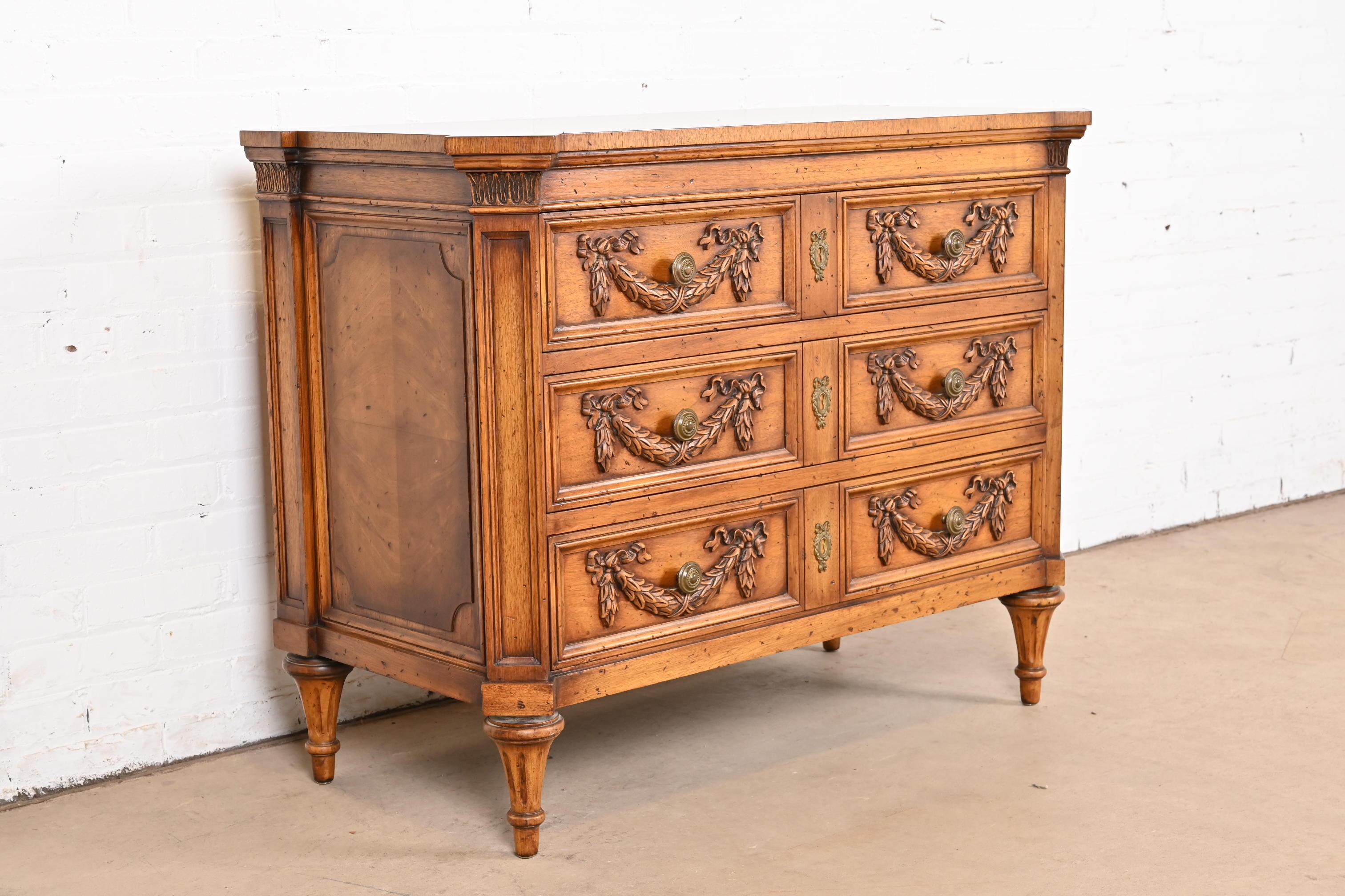 Brass Karges French Regency Louis XVI Burled Walnut Dresser or Chest of Drawers For Sale