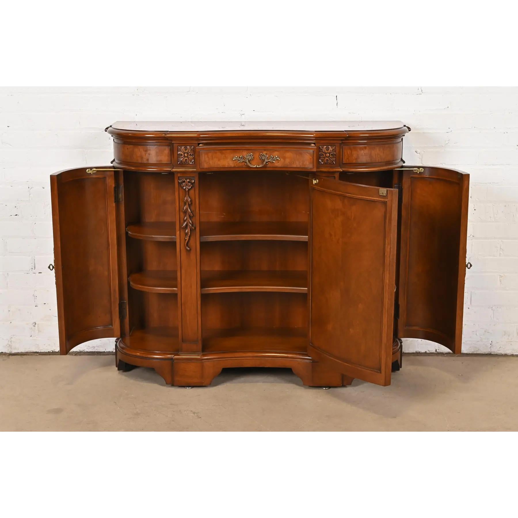 Brass Karges French Regency Louis XVI Carved Burled Walnut Sideboard or Bar Cabinet