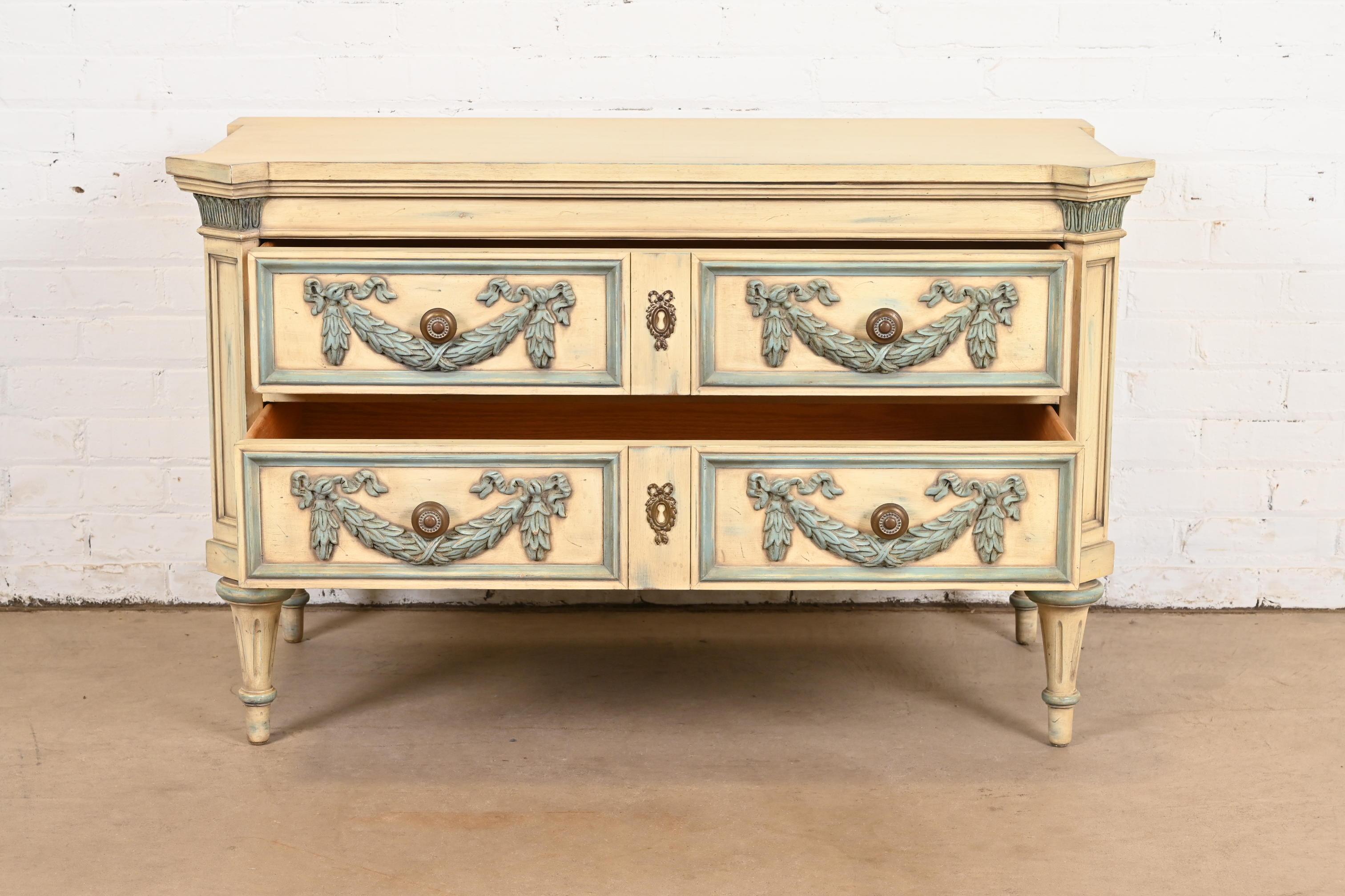 Brass Karges French Regency Louis XVI Carved Painted Dresser or Chest of Drawers For Sale