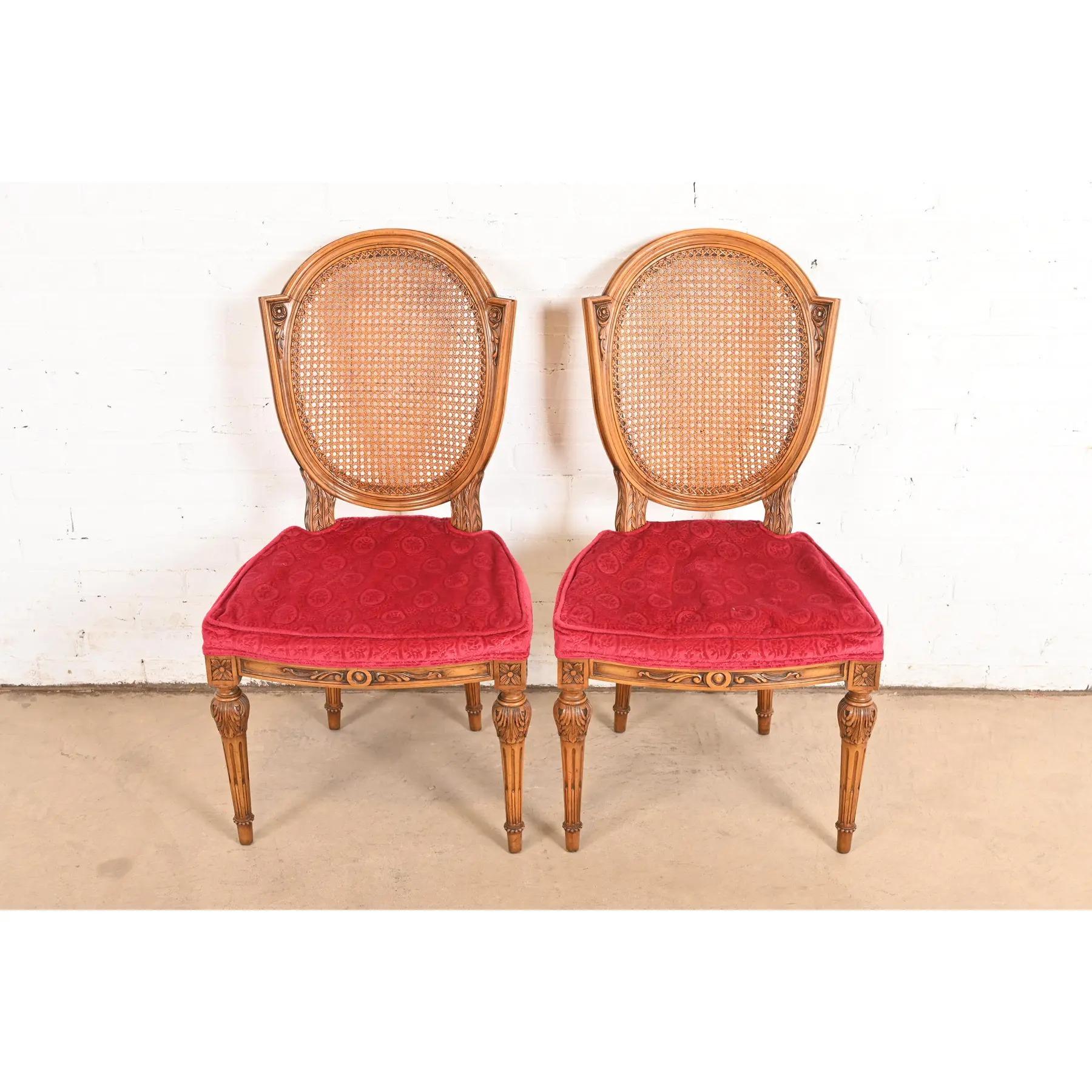 American Karges French Regency Louis XVI Carved Walnut Cane Back Dining Chairs, Pair For Sale