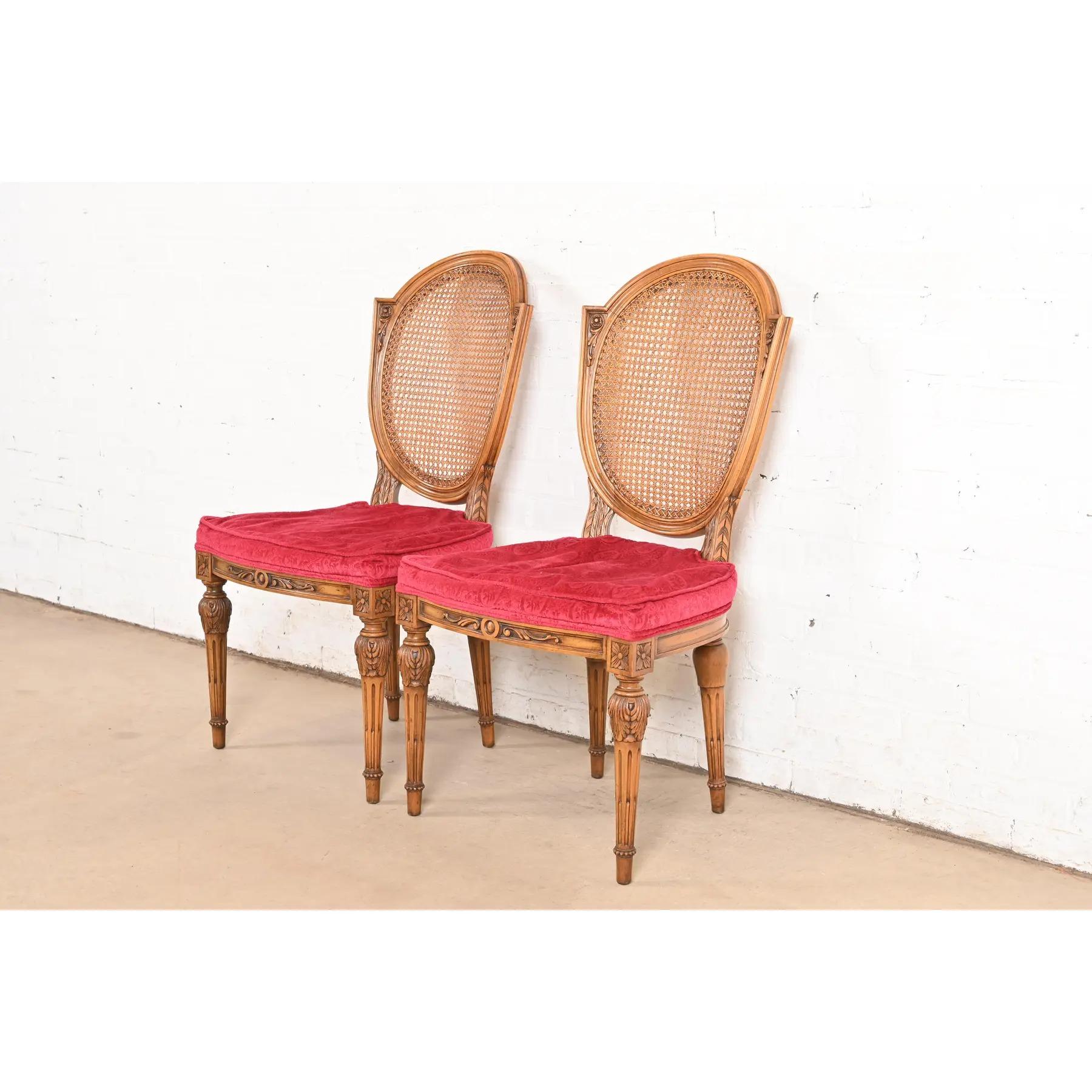 Mid-20th Century Karges French Regency Louis XVI Carved Walnut Cane Back Dining Chairs, Pair For Sale