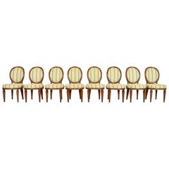 Karges French Regency Louis XVI Carved Walnut Oval Back Dining Chairs, Eight