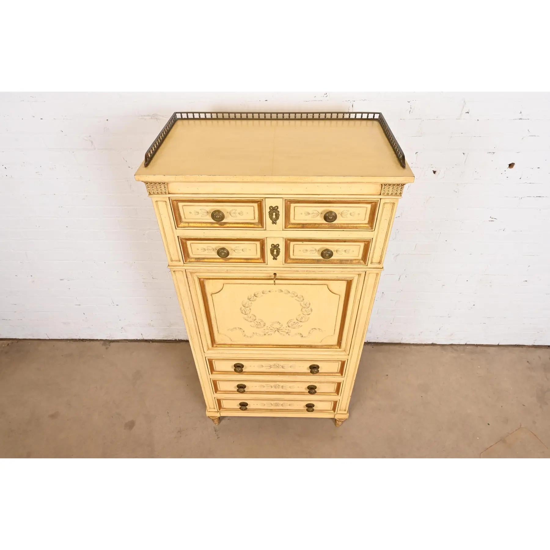 Karges Französisch Regency Louis XVI Creme lackiert Hand gemalt Secrétaire á Abatta im Angebot 3