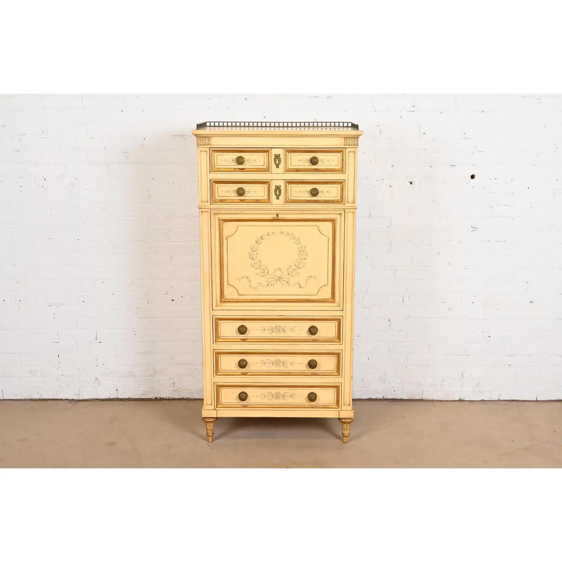 Karges Französisch Regency Louis XVI Creme lackiert Hand gemalt Secrétaire á Abatta (Louis XVI.) im Angebot