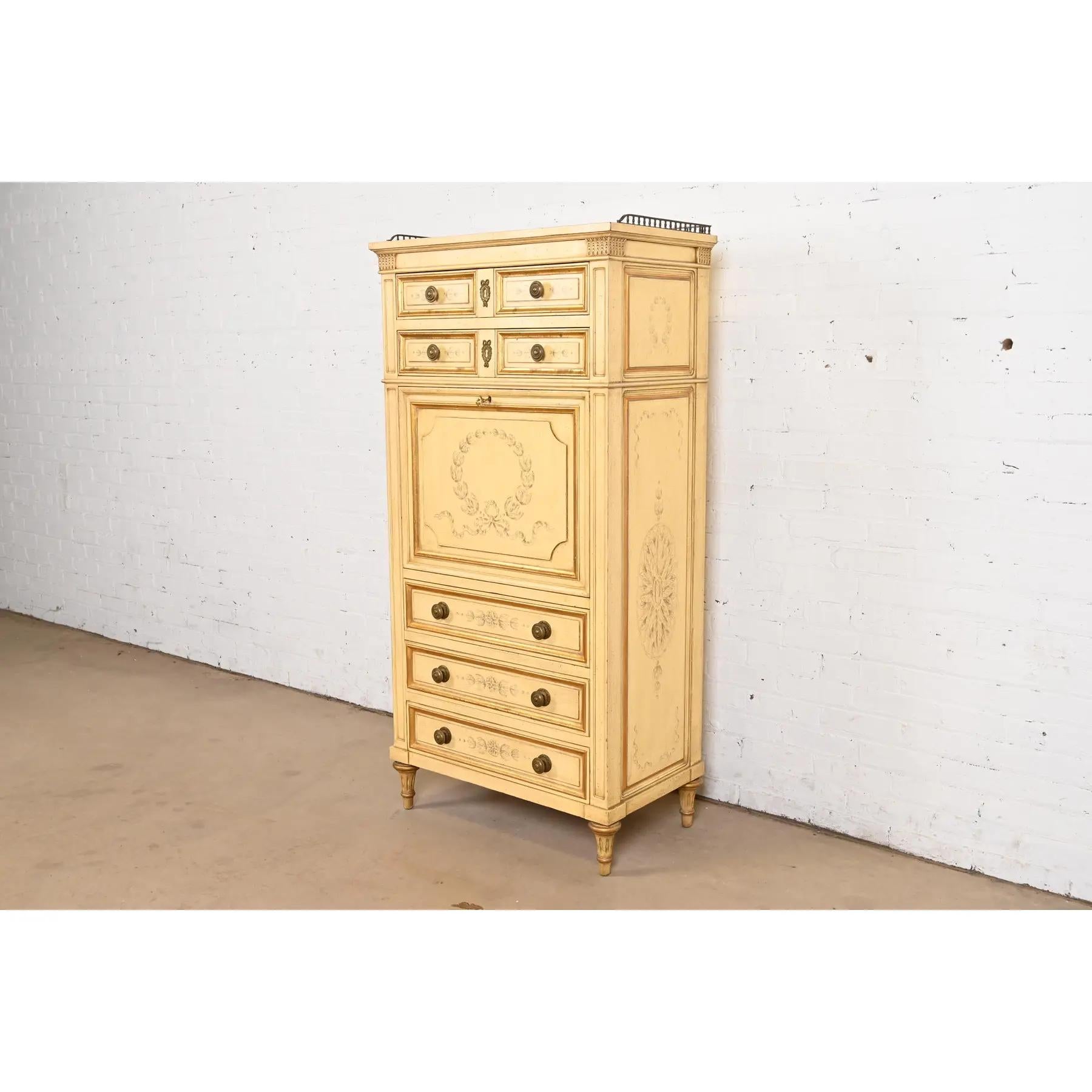 Karges Französisch Regency Louis XVI Creme lackiert Hand gemalt Secrétaire á Abatta (amerikanisch) im Angebot