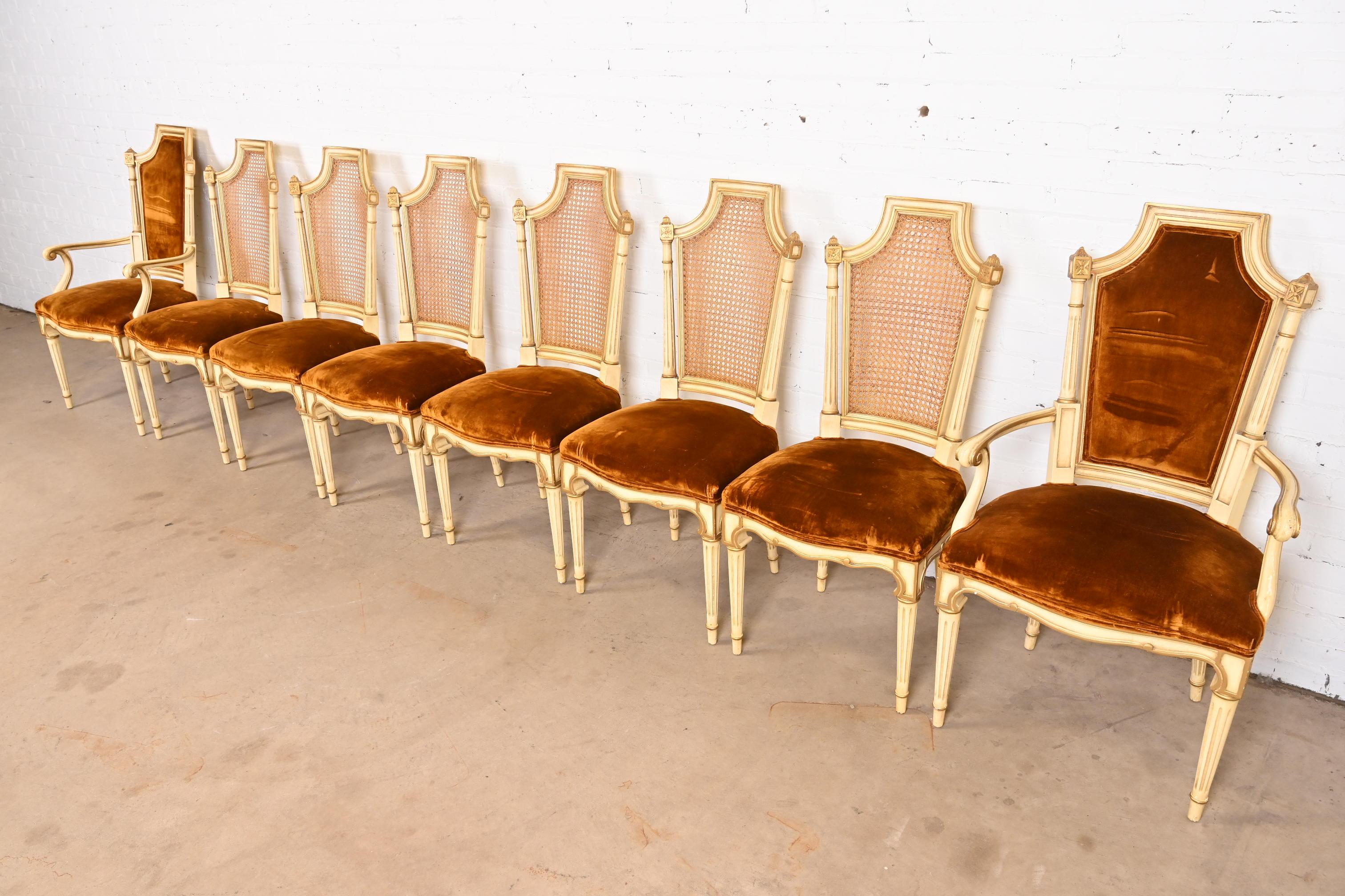 American Karges French Regency Louis XVI Cream Painted and Gold Gilt Dining Chairs, Eight For Sale