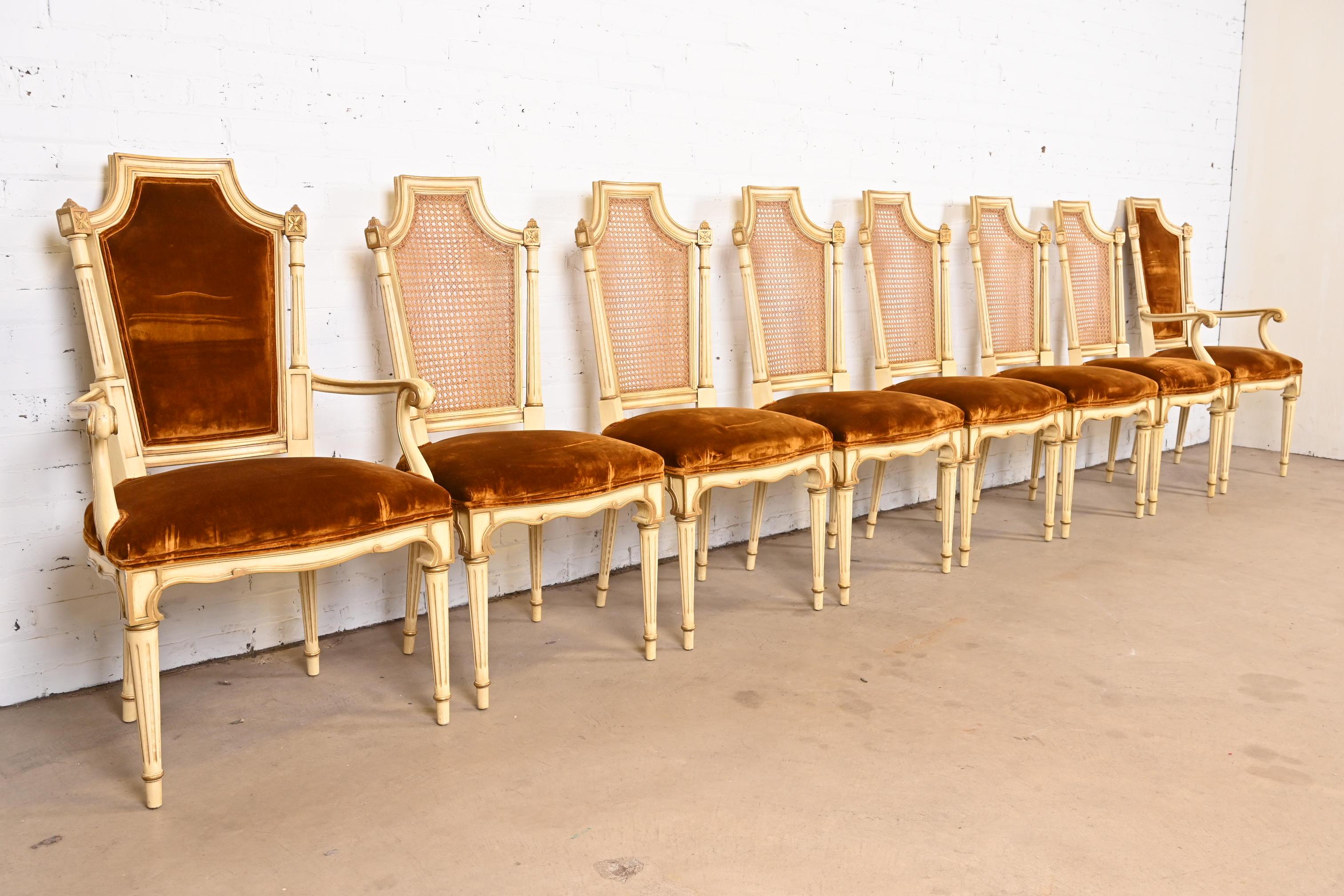 Velvet Karges French Regency Louis XVI Cream Painted and Gold Gilt Dining Chairs, Eight For Sale