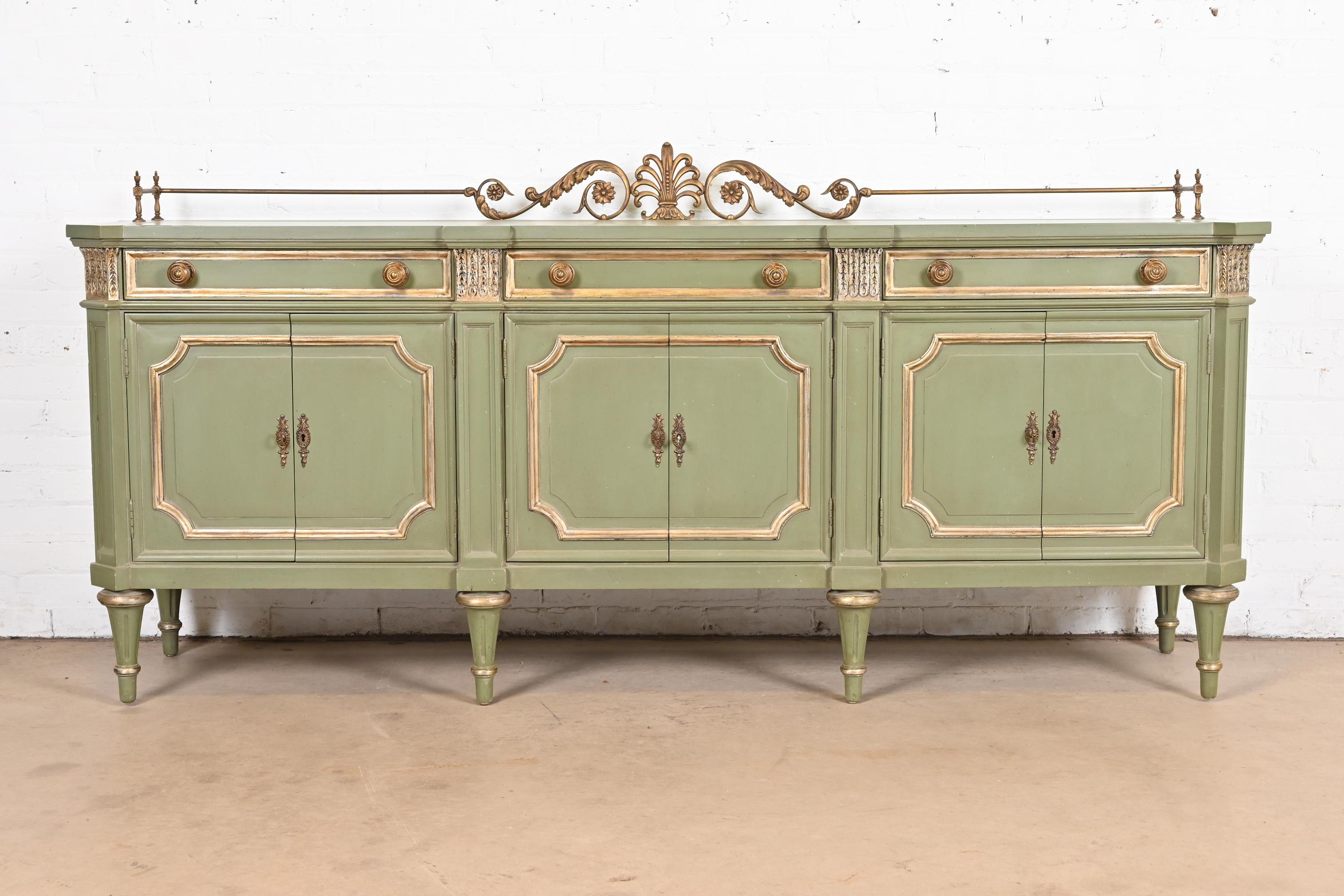 American Karges French Regency Louis XVI Green Lacquer and Gold Gilt Sideboard, 1960s