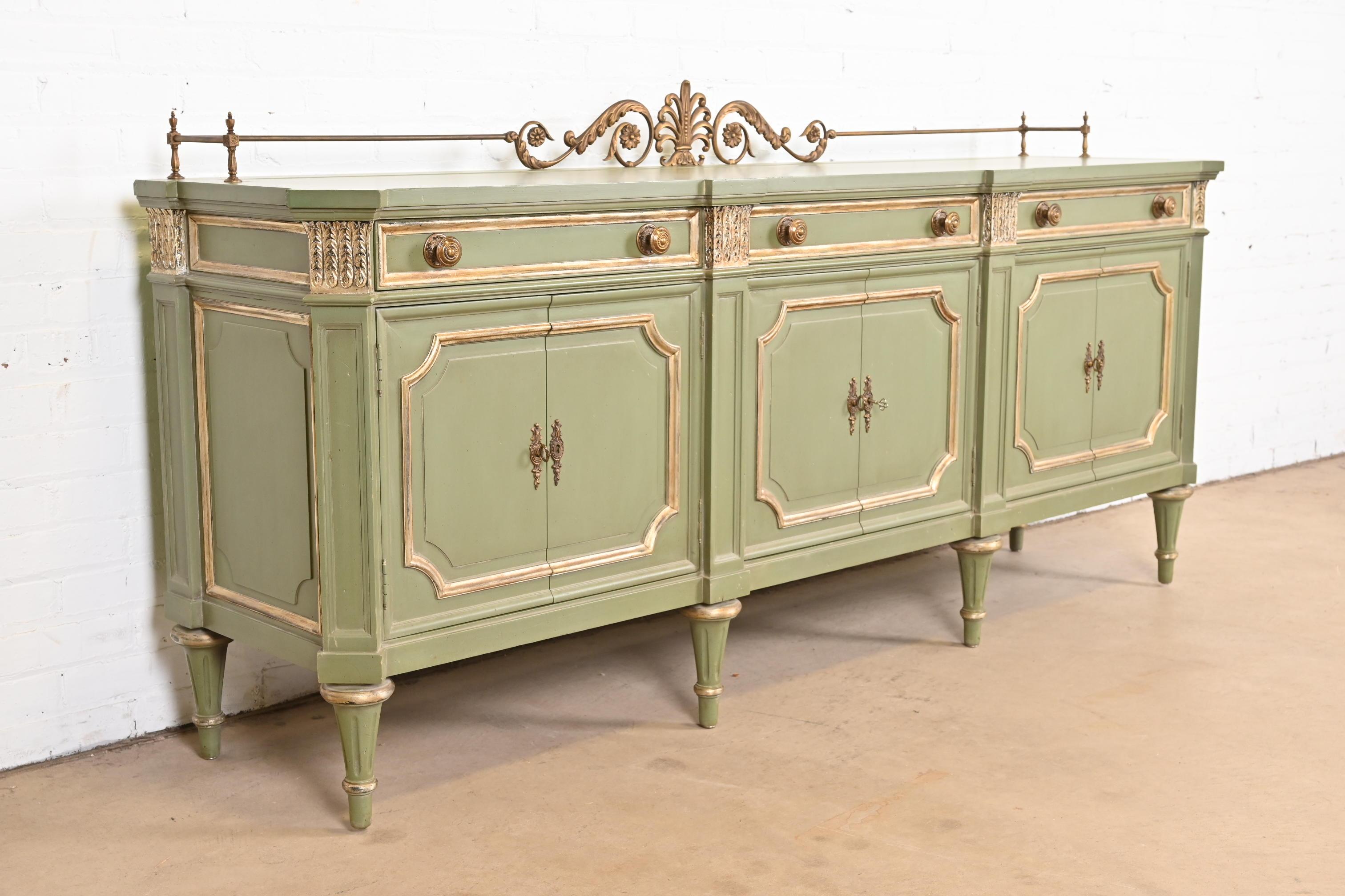 Brass Karges French Regency Louis XVI Green Lacquer and Gold Gilt Sideboard, 1960s