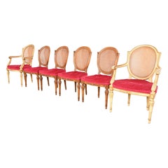 Karges Französisch Regency Louis XVI Nussbaum Cane zurück Parcel gemalt Esszimmerstühle