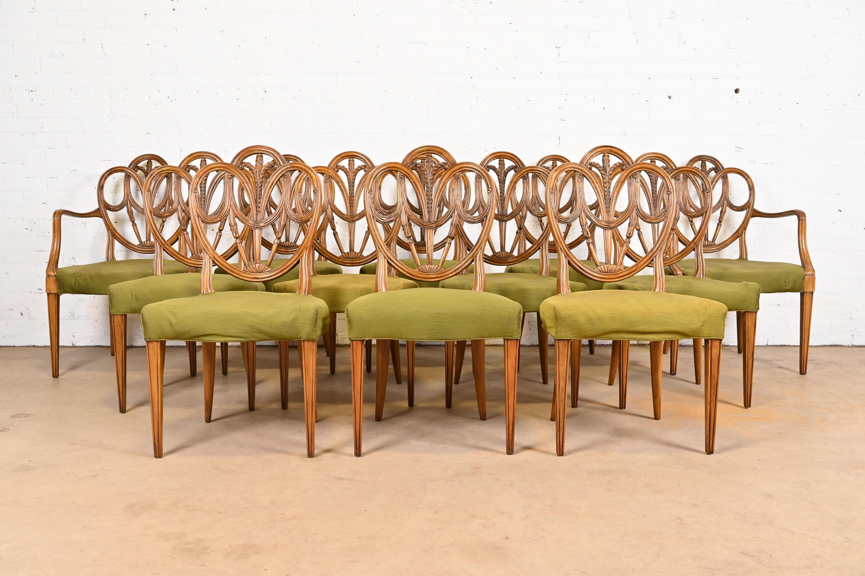 American Karges French Regency Louis XVI Walnut Shield Back Dining Chairs, Set of Twelve