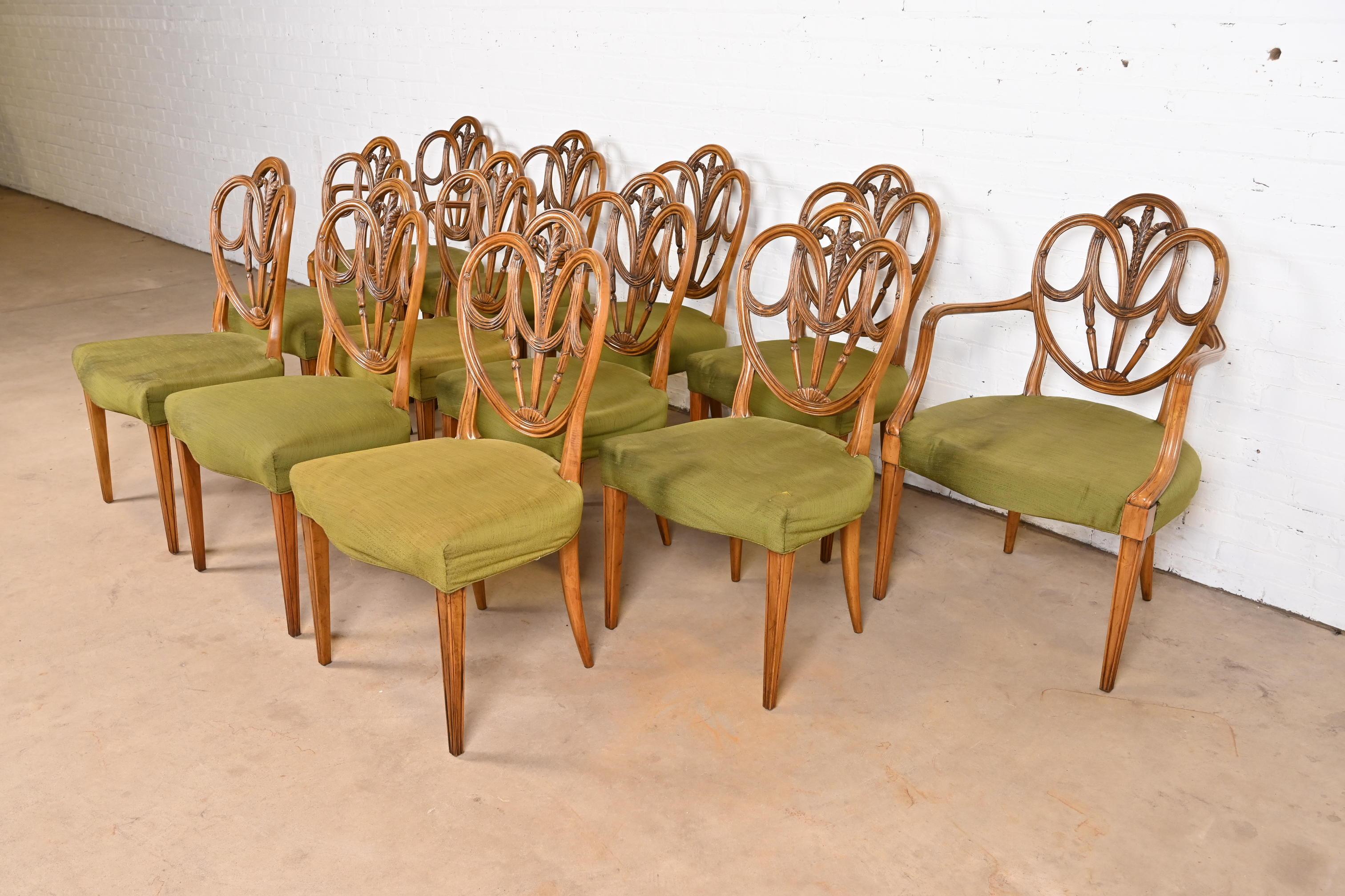 Carved Karges French Regency Louis XVI Walnut Shield Back Dining Chairs, Set of Twelve