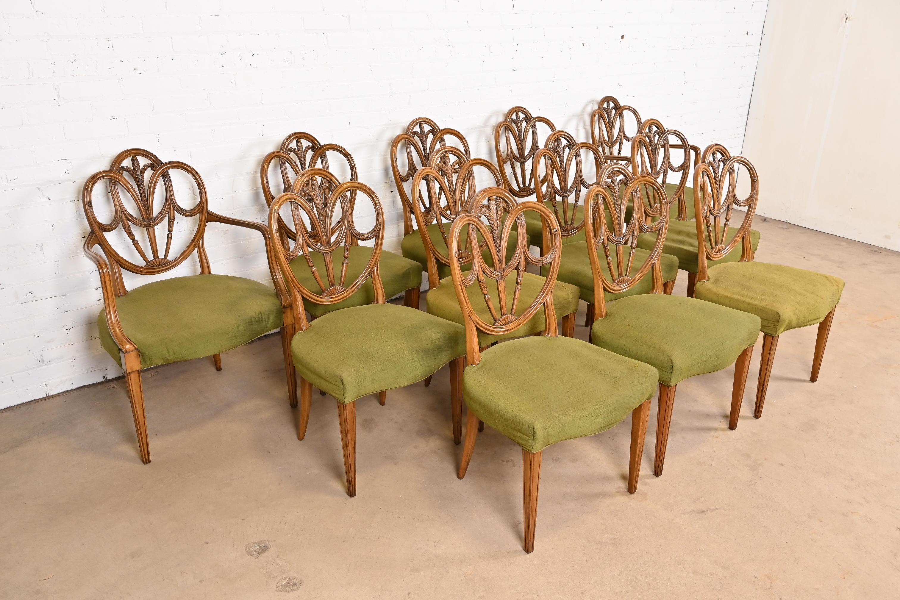 Mid-20th Century Karges French Regency Louis XVI Walnut Shield Back Dining Chairs, Set of Twelve