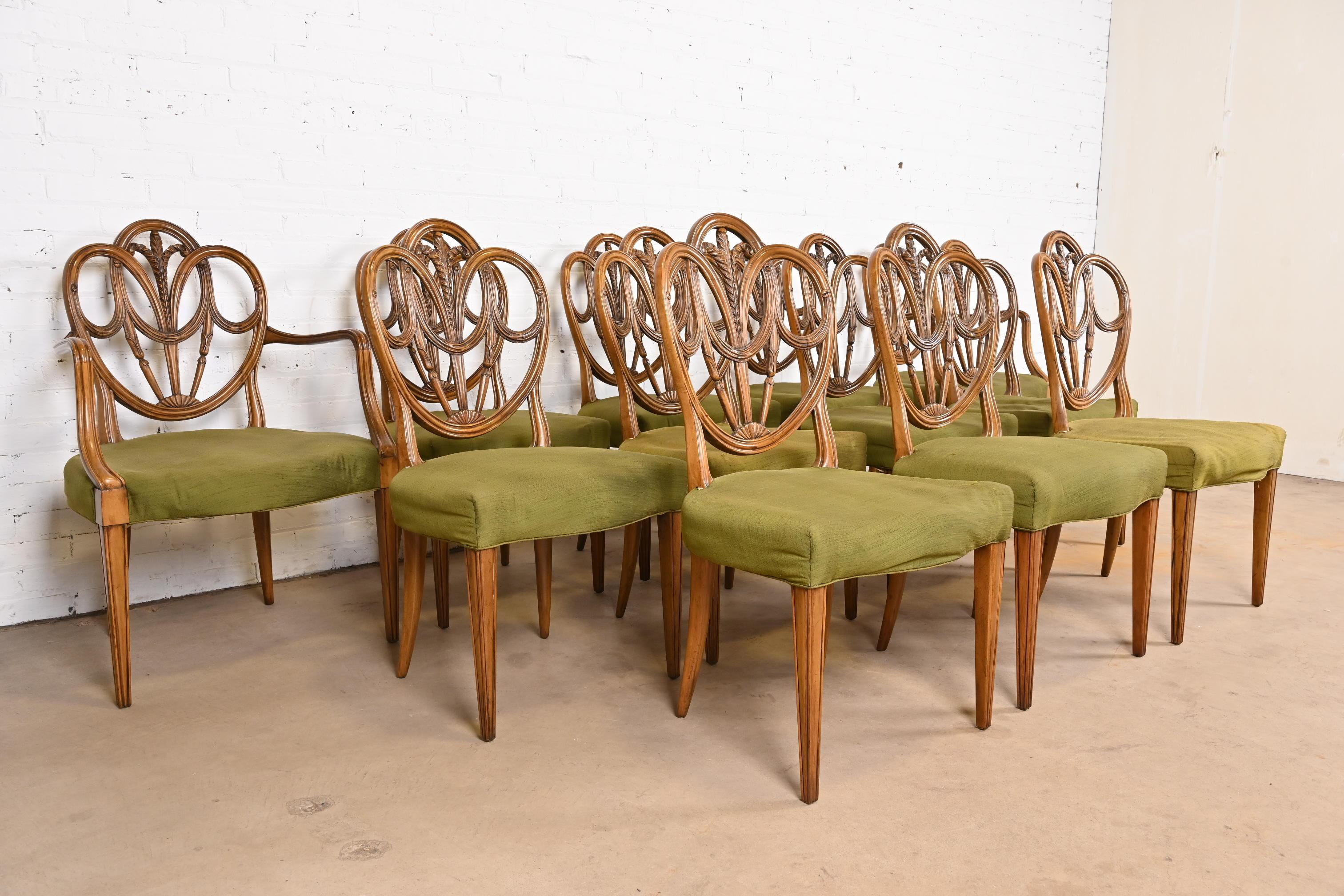Upholstery Karges French Regency Louis XVI Walnut Shield Back Dining Chairs, Set of Twelve