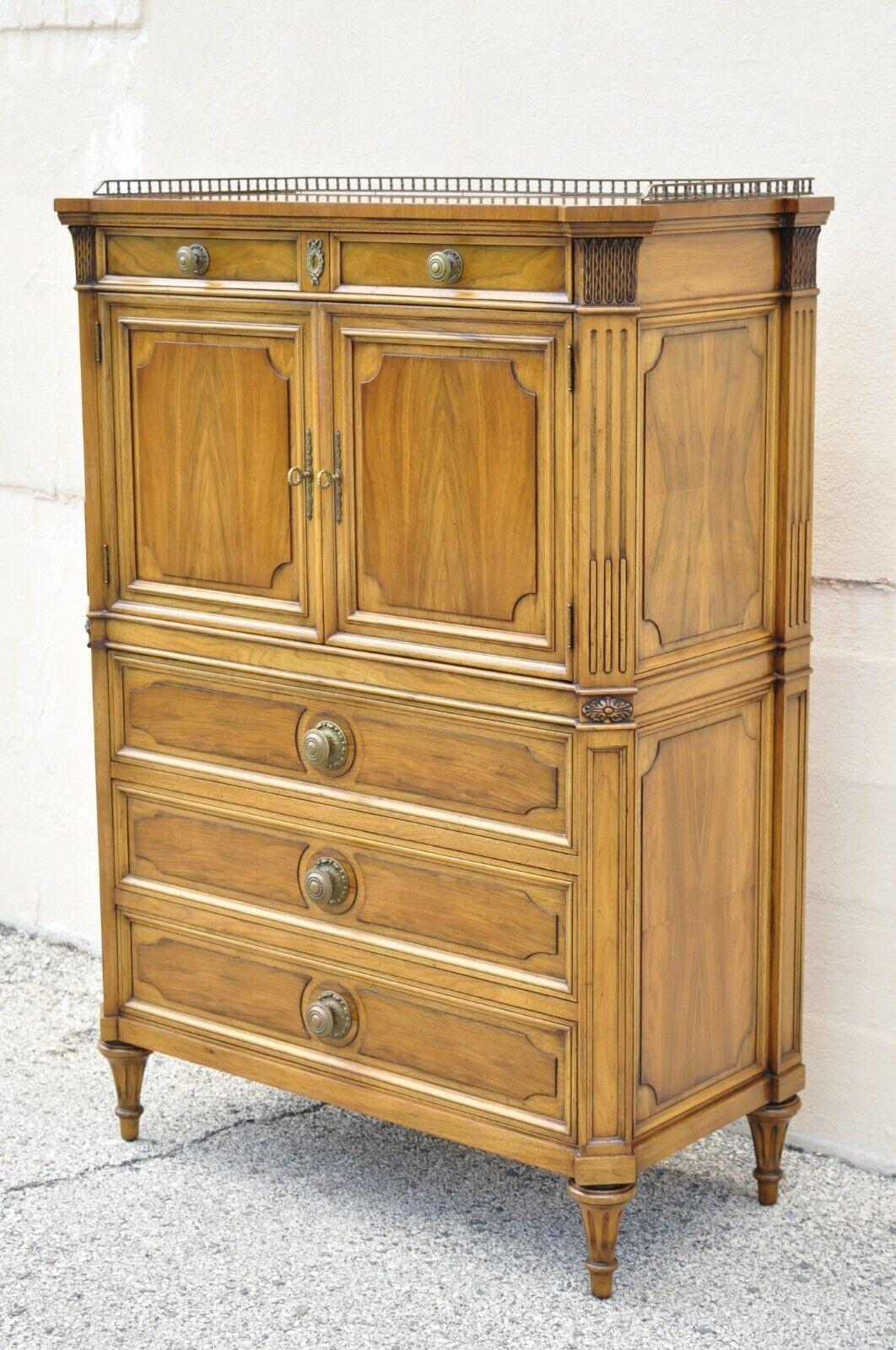 Karges French Regency Style neoclassical walnut tall chest dresser cabinet. Item features a brass gallery, 2 small interior drawers, beautiful woodgrain, 2 swing doors, 4 dovetailed drawers, tapered legs, solid brass hardware, quality American