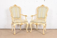 Karges French Rococo Louis XV Cream Lacquered and Gold Gilt Fauteuils, Pair