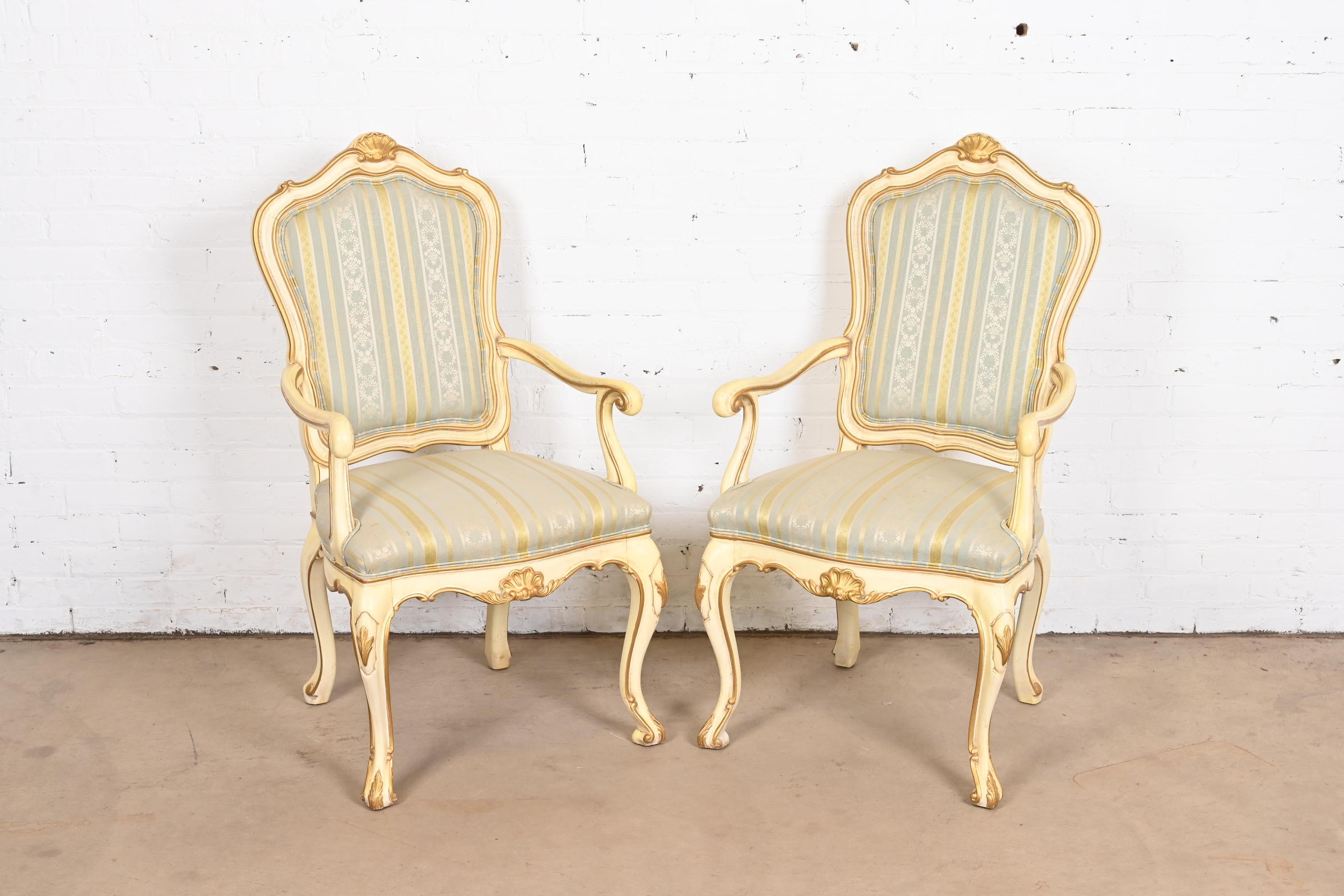 American Karges French Rococo Louis XV Cream Lacquered and Gold Gilt Fauteuils, Pair