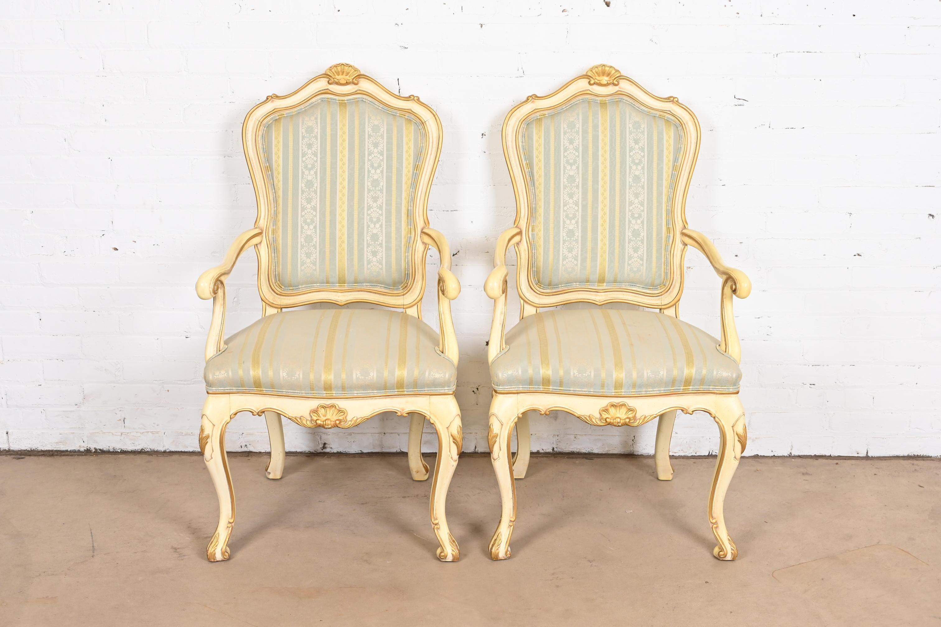 Mid-20th Century Karges French Rococo Louis XV Cream Lacquered and Gold Gilt Fauteuils, Pair