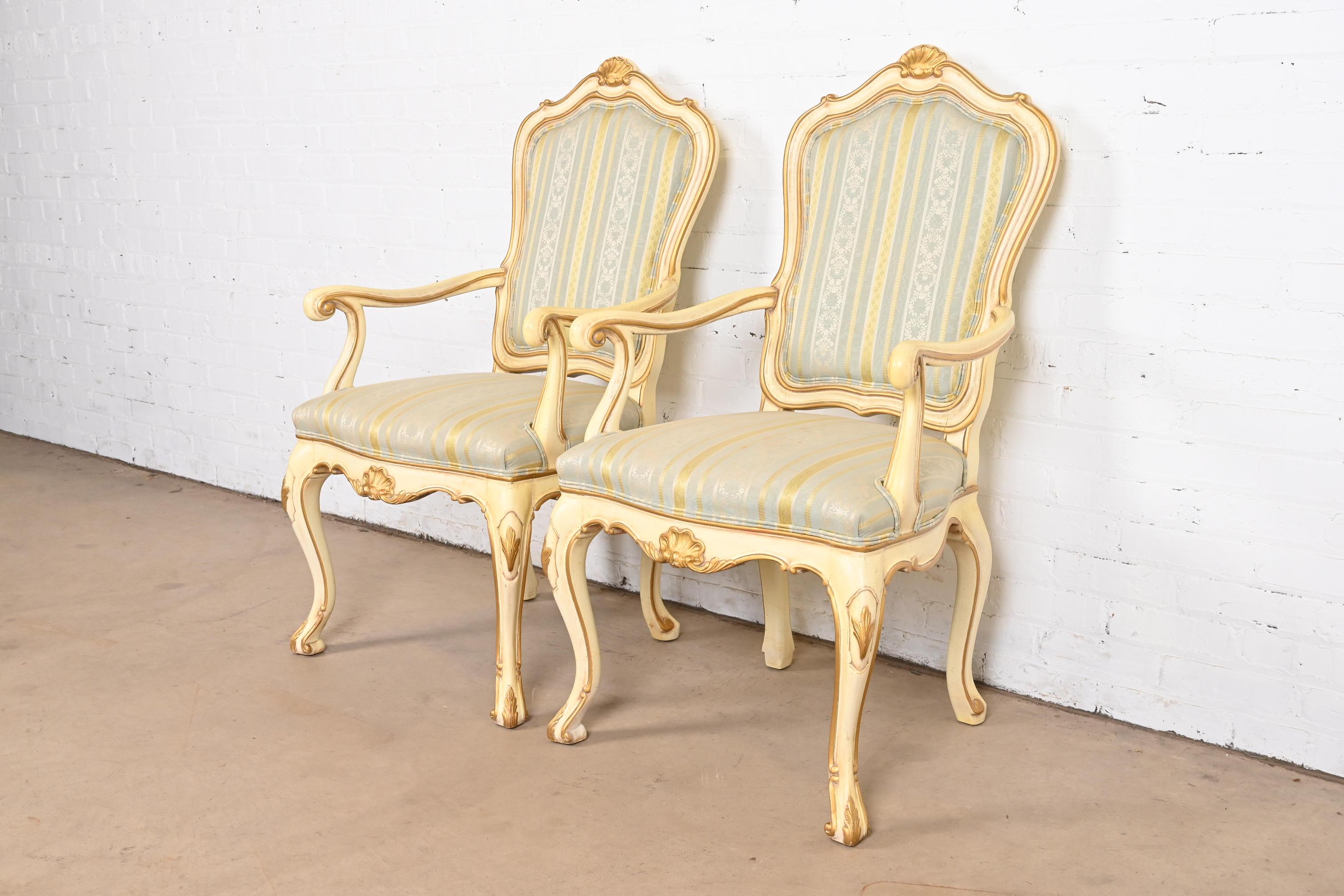 Upholstery Karges French Rococo Louis XV Cream Lacquered and Gold Gilt Fauteuils, Pair