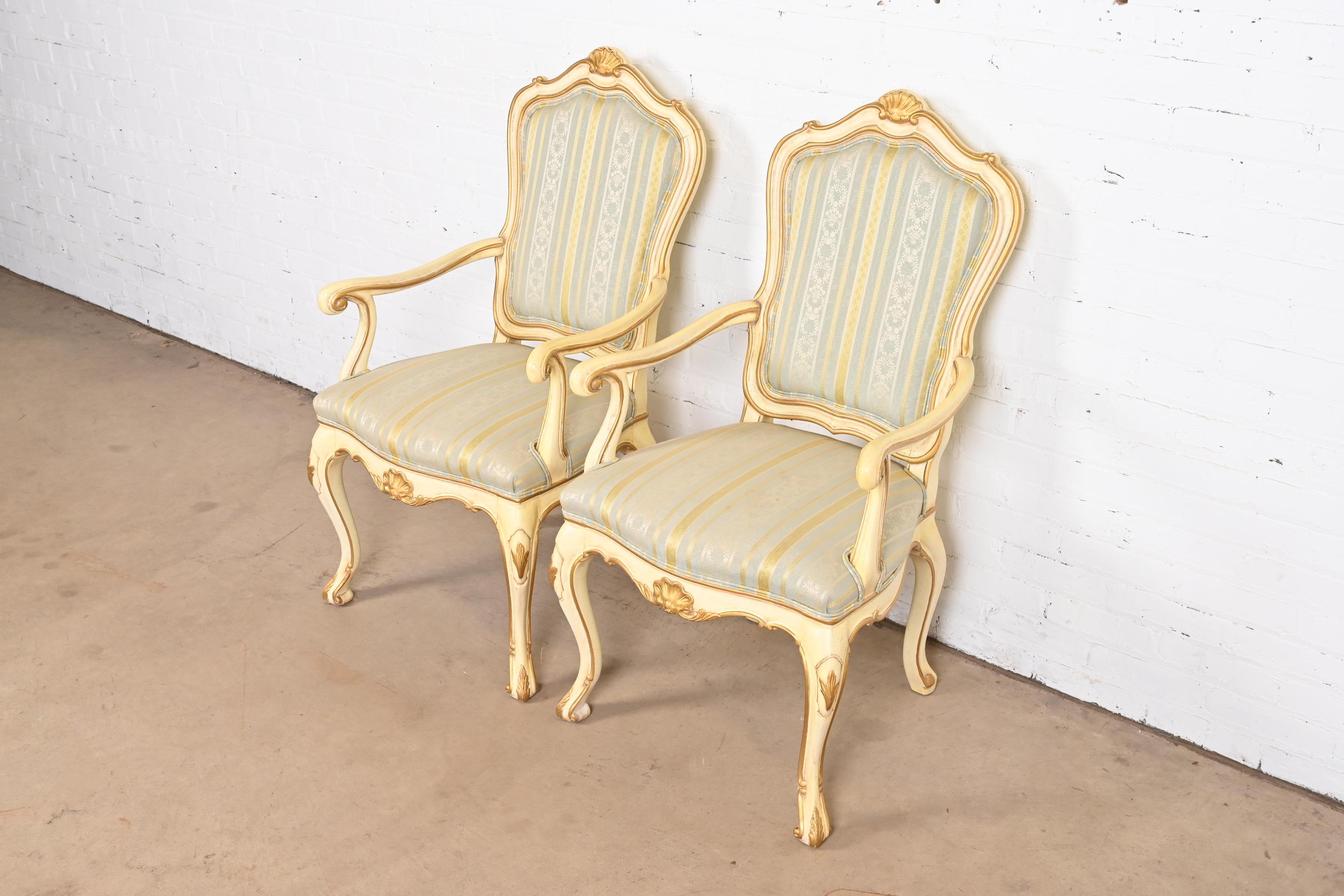 Karges French Rococo Louis XV Cream Lacquered and Gold Gilt Fauteuils, Pair 1